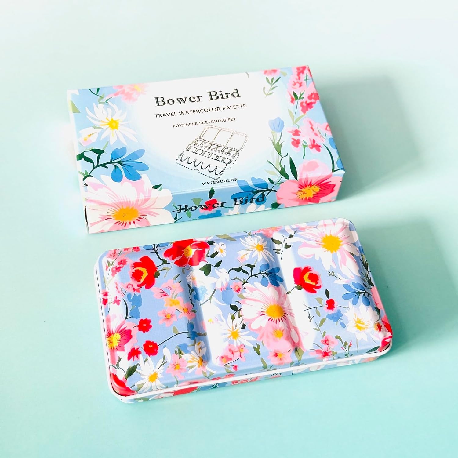 Bower Bird Reise-Aquarellpalette, tragbare Keramik-Palette mit 16 Mulden, leere, kleiner Reise-Metallfarbkasten mit Porzellan-Palette (12 Mulden)