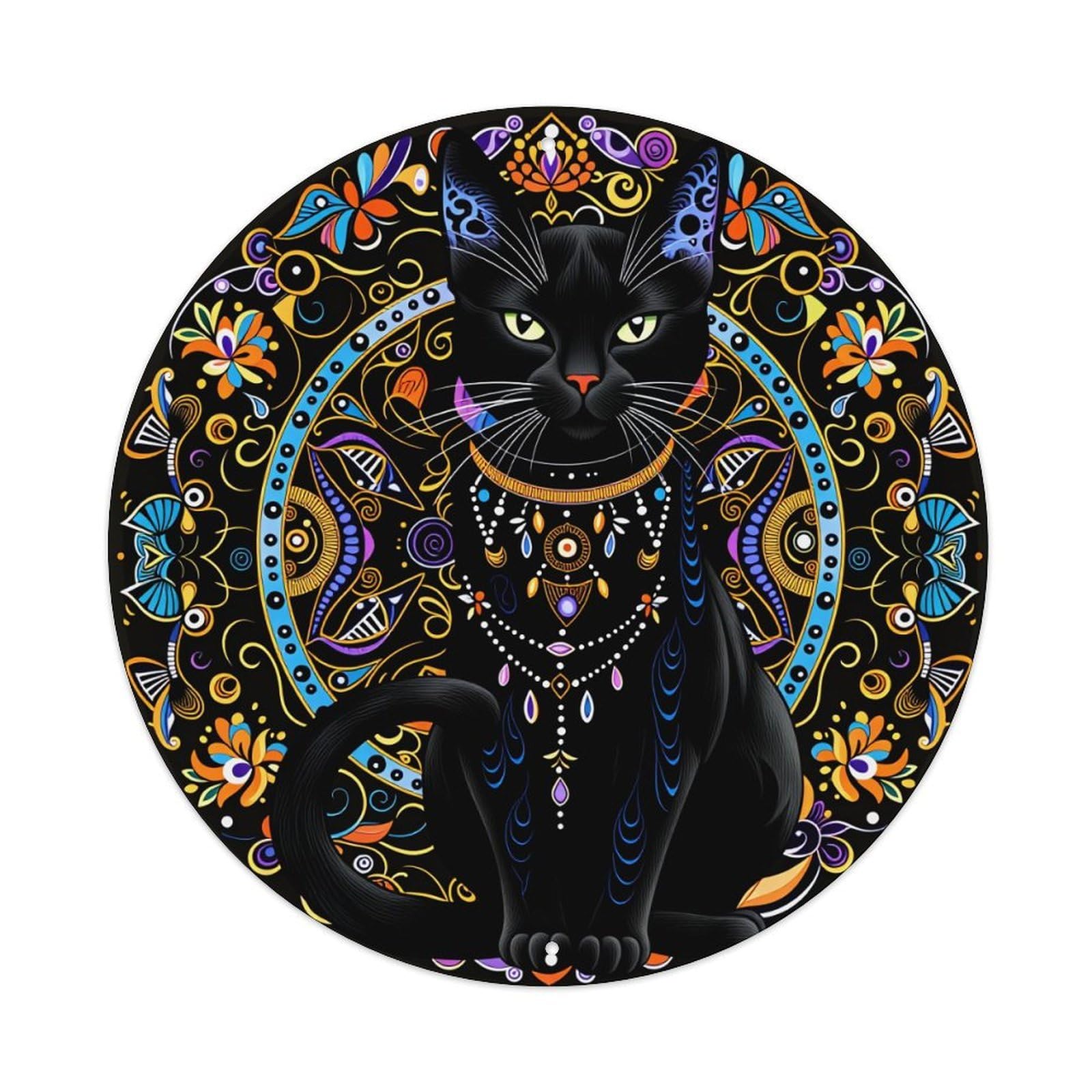 Black Cat Mandala Art Pattern Round Tin Sign Vintage Metal Poster Retro Bar, Home, Man Cave, Kitchen, Laundry Room Wall Art Decor Gift 8x8Inch
