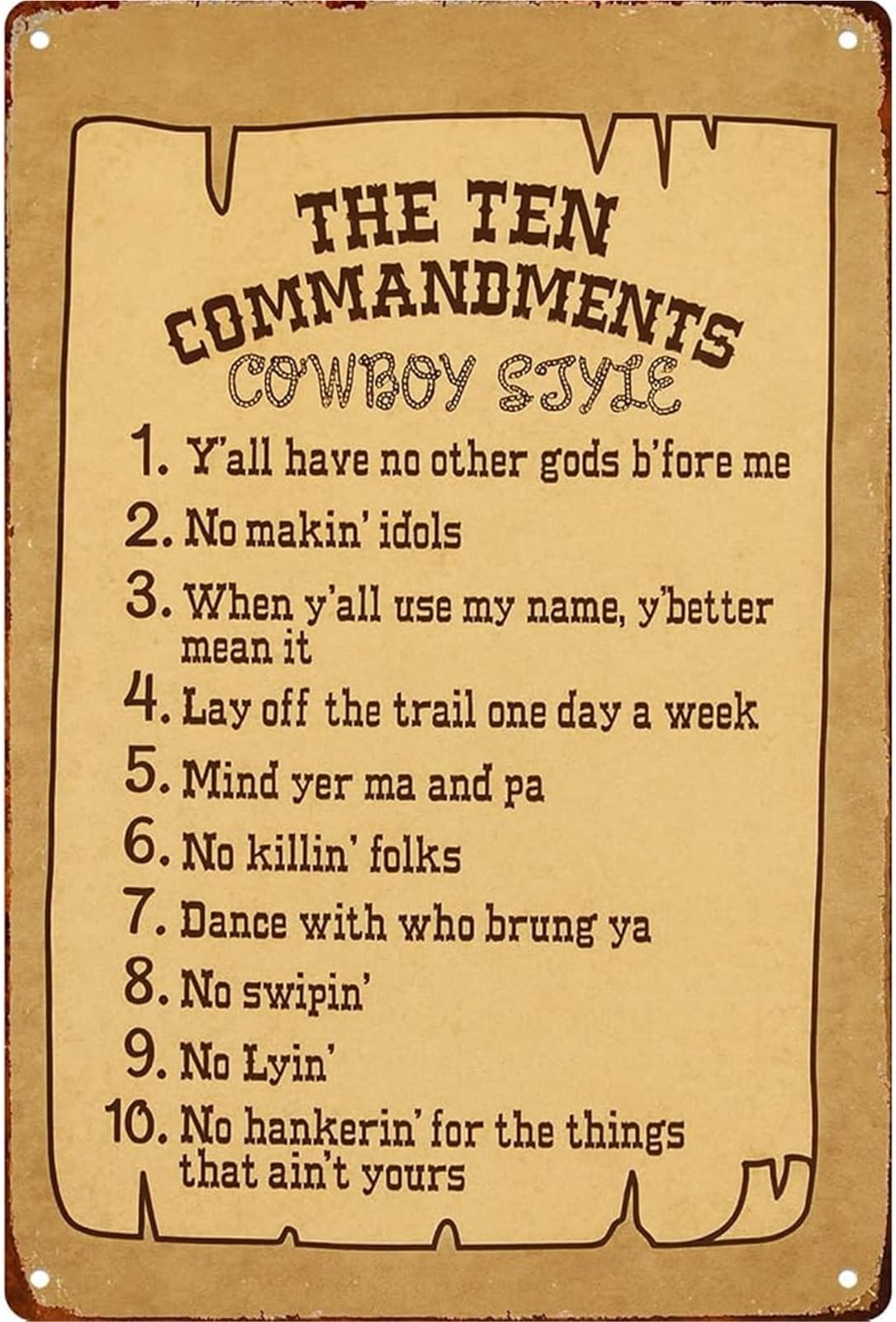 MQXFCZUX Humorous Ten Commandments Cowboy Style Sign Retro Metal Tin Plaque for Kitchen Bathroom Farm Yard Bar Garage Man Cave 8 X 12 in