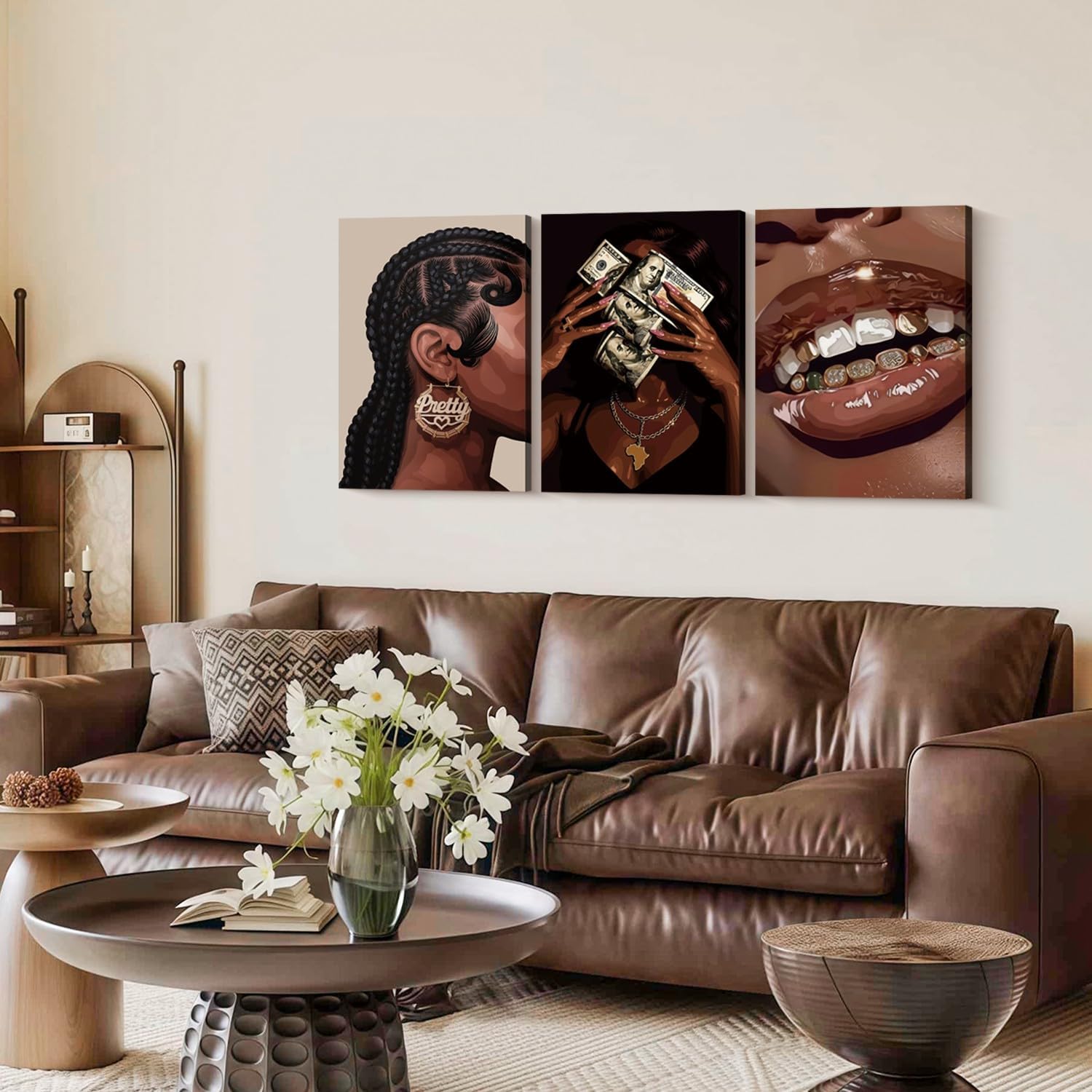 3 Pcs Framed African American Canvas Wall Art Fashion Black Woman Wall Decor Black Girl Print Hip Hop Style Poster Christian Inspirational Girl Room Decor for Home Living Room Bedroom 16x24 inch Ready to Hang