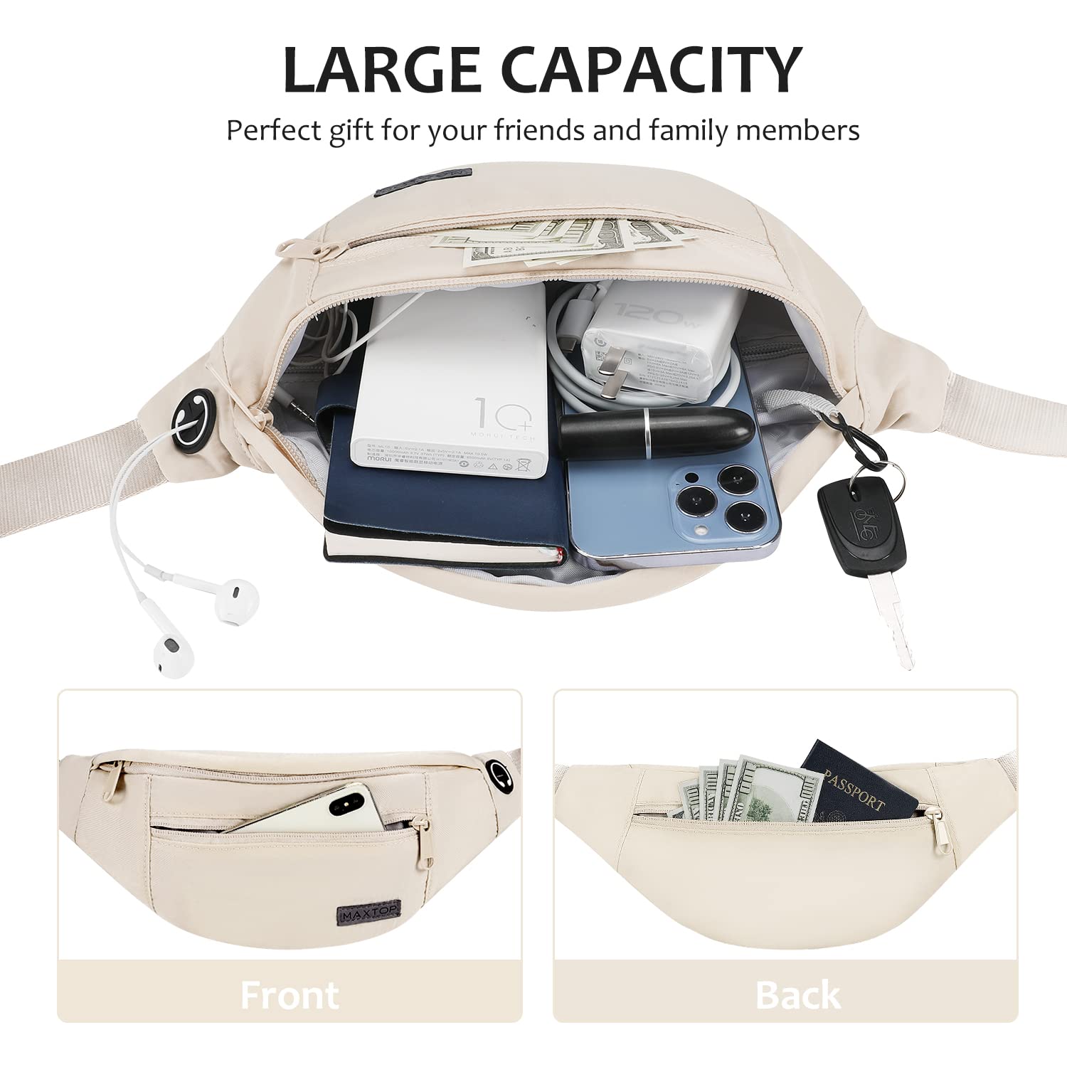 MAXTOP Marsupio Uomo Donna Unisex, Marsupio Impermeabile, con Jack per Cuffie e 4 Tasche con Cerniera, Cintura Regolabile per Allenamento all'aperto, Escursionismo