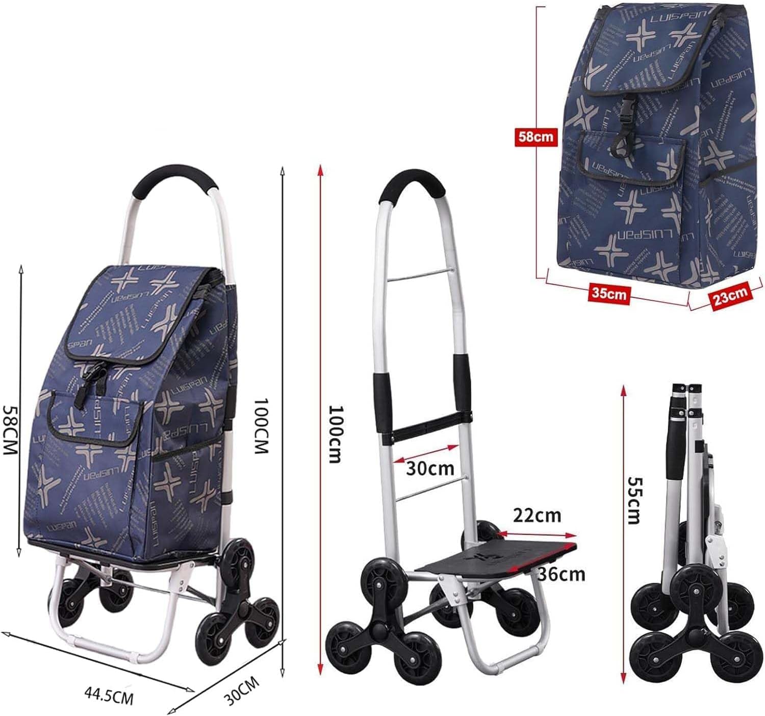 Shopping Trolley Stair Climber 2-in-1 Shopping Trolley Foldable Removable Bag Shopping Aid Trolley Waterproof 6 Wheels -Red