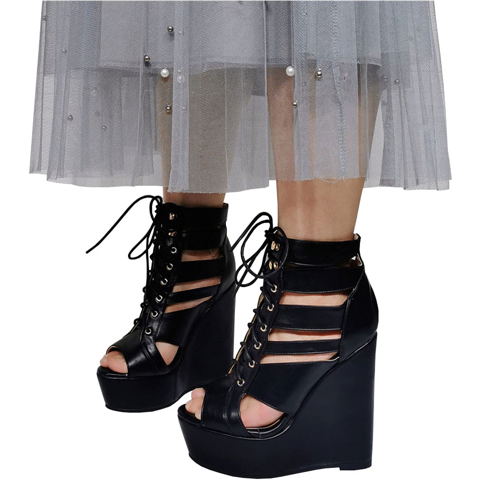Sandali con Zeppa di Grandi Dimensioni da 15 cm in Pizzo con Tacco Alto Sexy 36-52, Black-44