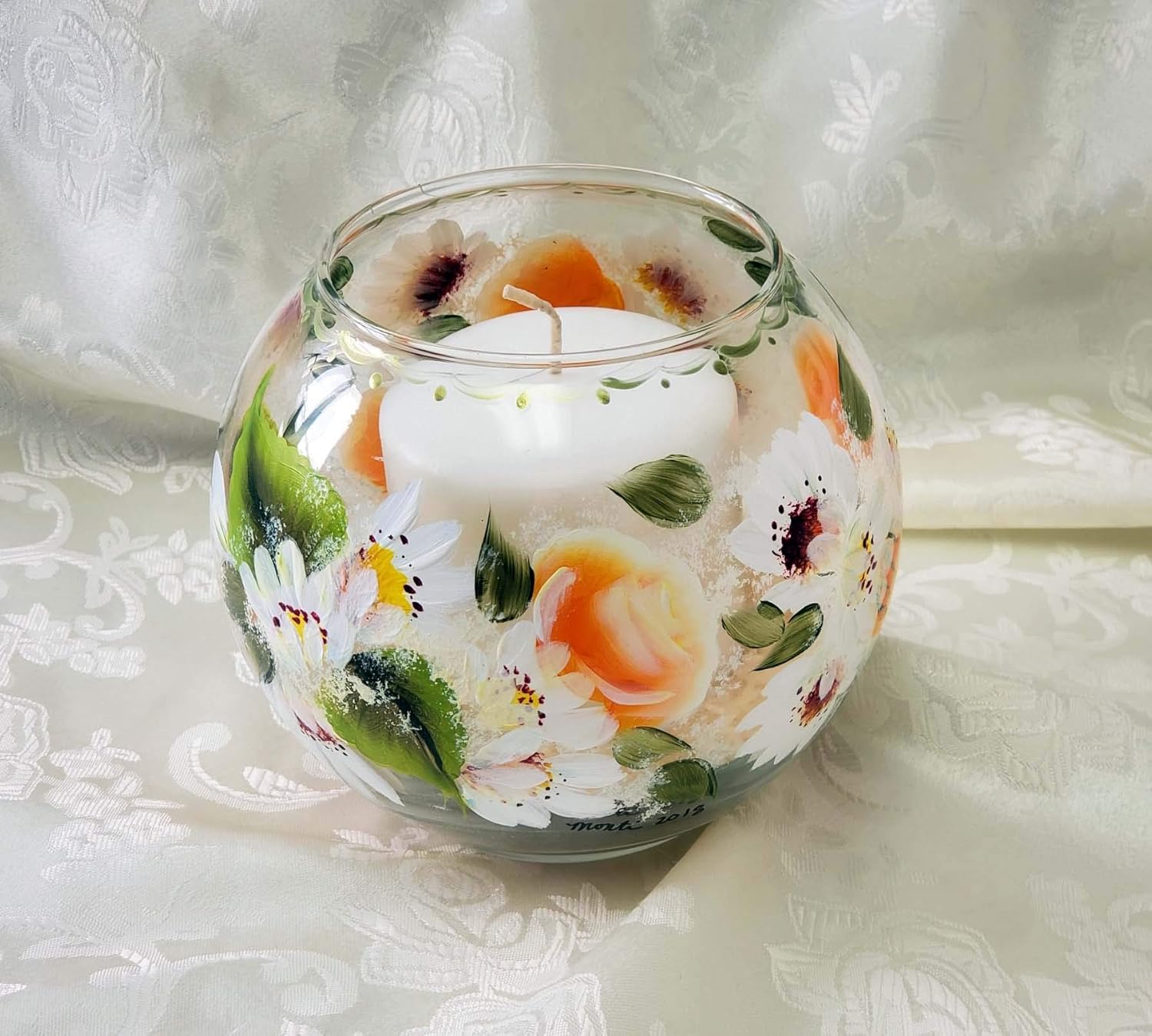 Hand Painted Glass Fish Bowl With Tropicana Roses and