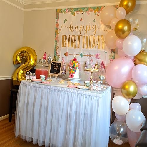 Miniatura 6 de Faldas de mesa de tul blanco de 167 pulgadas para mesas rectangulares de 6 pies y 8 pies, 2 capas de tul dorado con volantes y falda de mesa de tutú