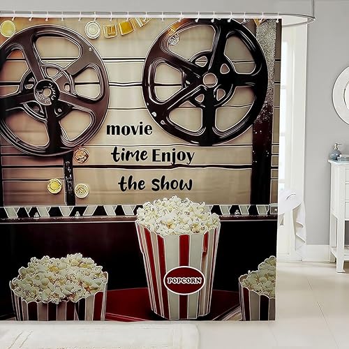Homewish Theater Cinema Poster Shower Curtain Set,Retro Movie Bathroom Curtain,Kids Girls Teens Popcorn Waterproof Fabrics Movie Night Bathroom