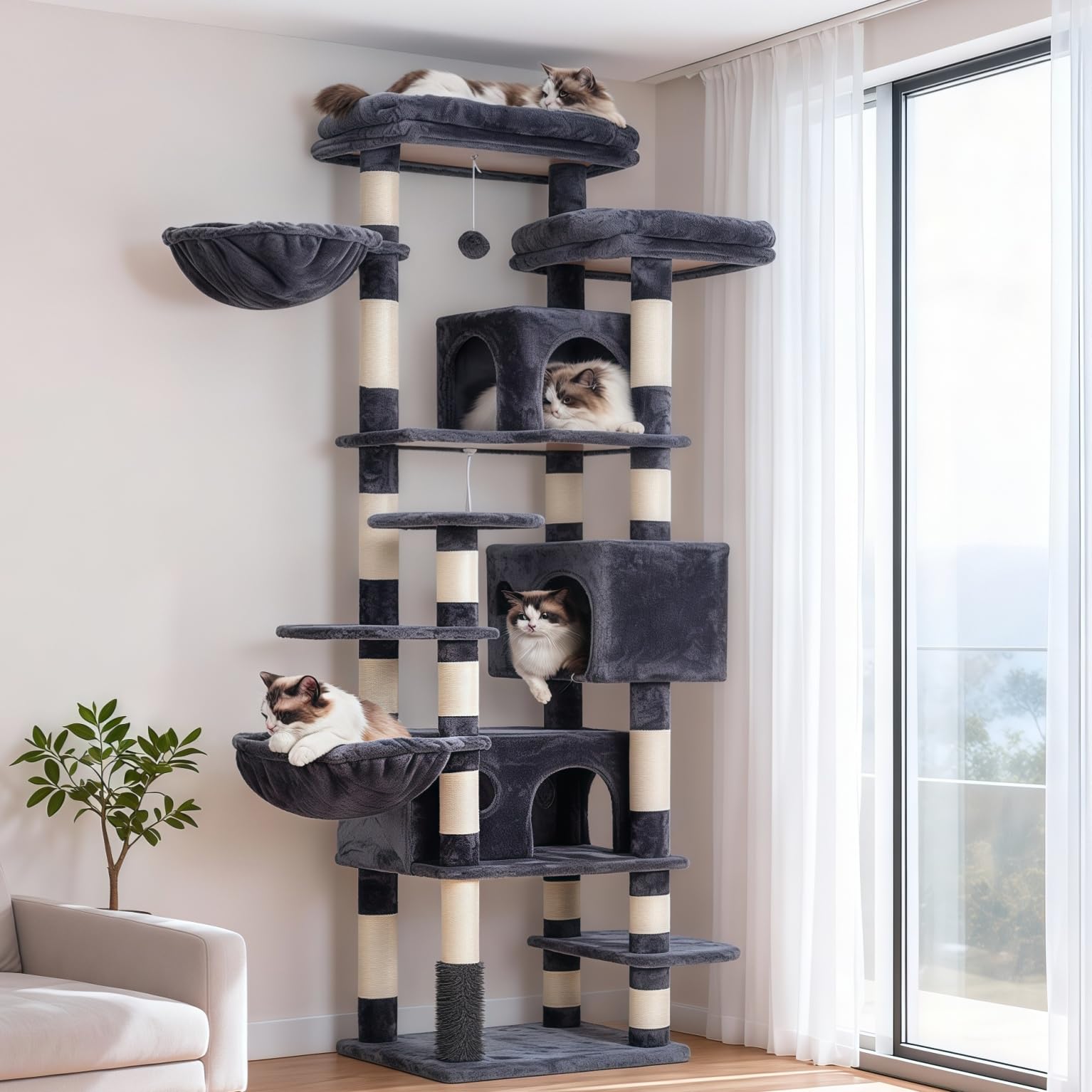 Hey-brother Cat Tree, 74 inches Multi-Level XL Large Cat Tower for Indoor Cats with Three Cat Condos, Two Large Top Decks and Cat Hairbrushfor Kittens, Cats and Pets, Smoky Gray MPJ035-MG