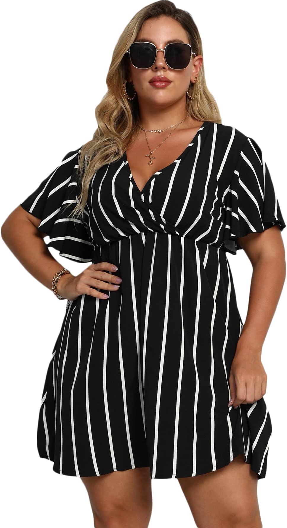 FloernsWomen's Plus Size Striped Print Wrap V Neck Short Sleeve A Line Dress