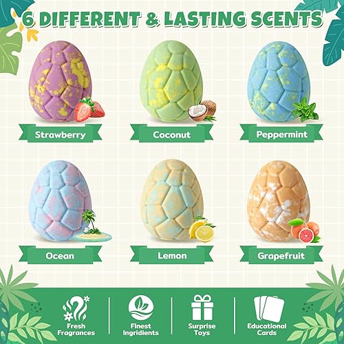Miniatura 3 de Bombas de baño de huevos de dinosaurio para niños con sorpresa en el interior, 6 paquetes de juguetes de baño de dinosaurio para niños, niñas,