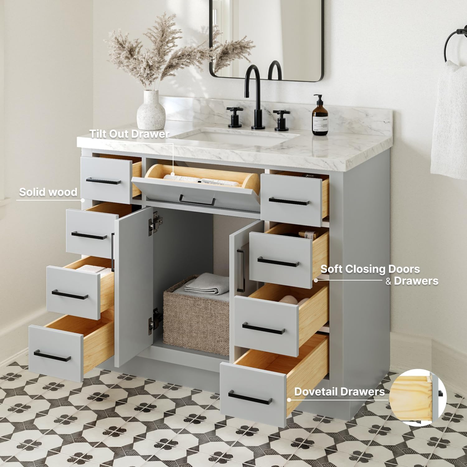 Intern view of the ARIEL Hepburn vanity showing open doors and drawers, highlighting features like solid wood, soft closing mechanisms, and dovetail drawers.