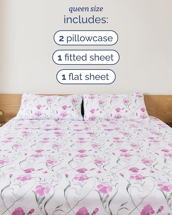 Queen 4 Piece Floral Sheet Set - Soft, Breathable & Cooling - Pretty Pink by CGK Unlimited - Used condition - Image 4