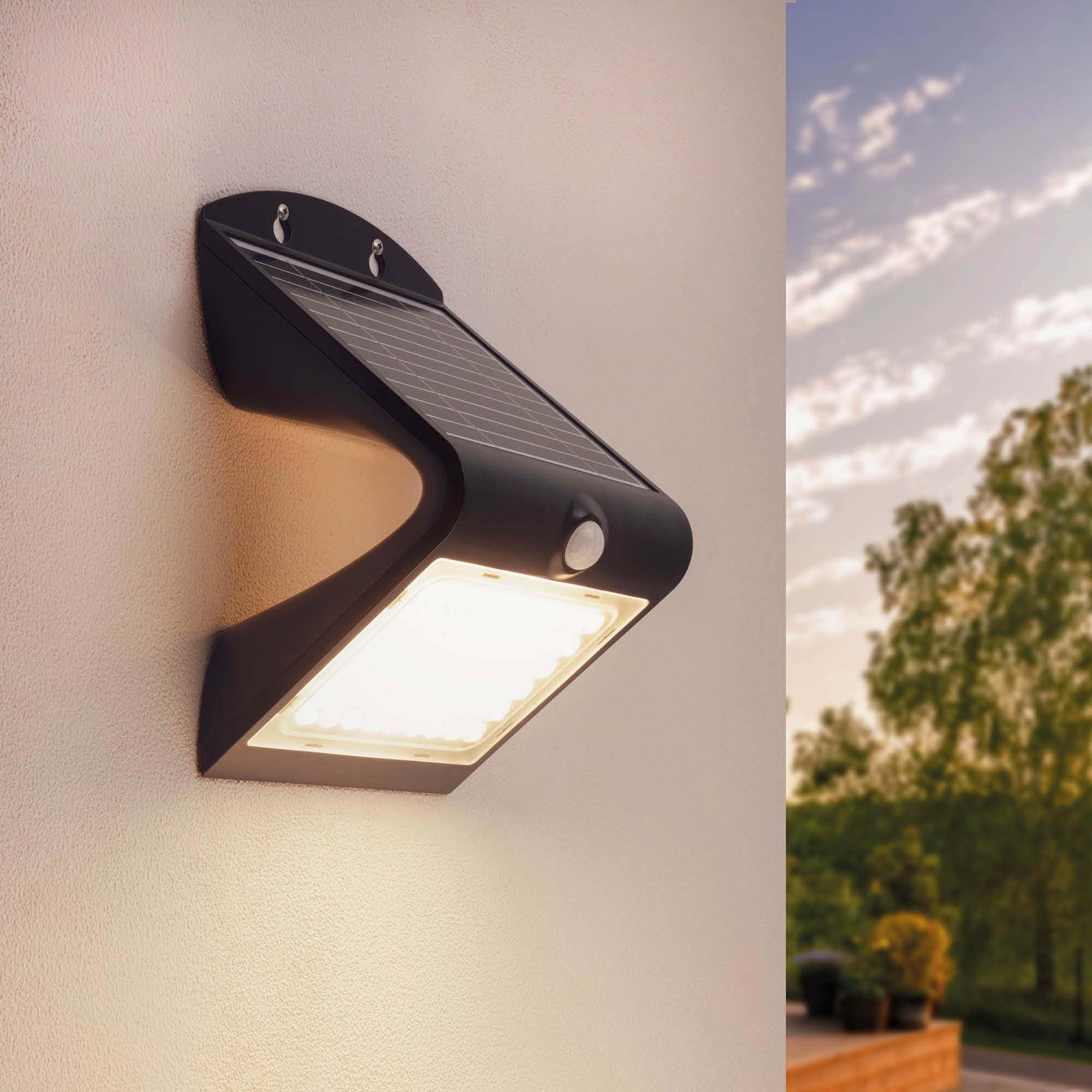 Ledvion Black - Modern Solar Wall Lamp On Solar Energy Whitemotion Sensor, 4W, 3000K, Ip65waterproof & 220 Lumen,