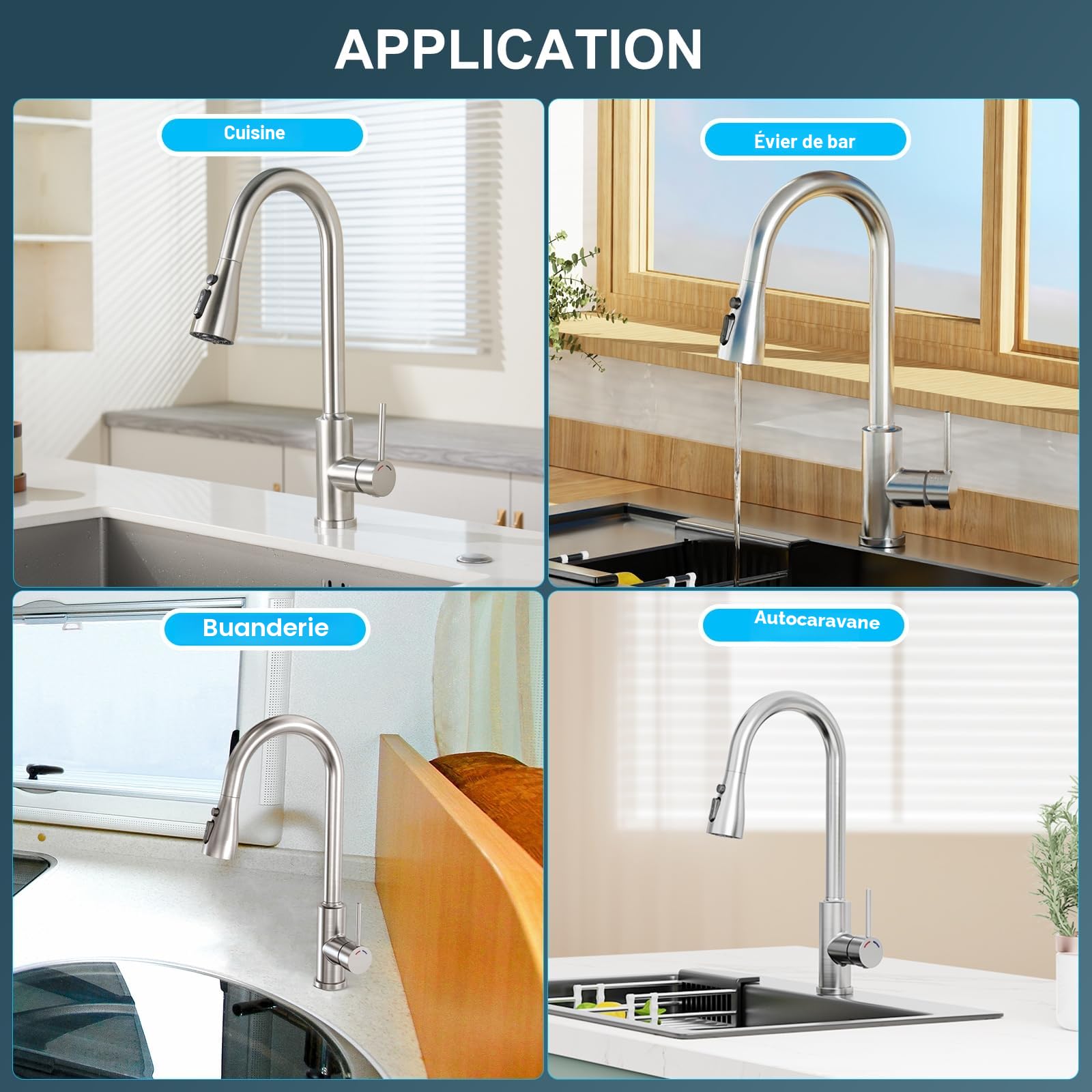Robinet Cuisine Rabattable Mitigeur Robinet Evier de Cuisine avec 4 Douchette Modes, 360° d'Évier à Arc Élevé Acier Inoxydable Robinet Cuisine (Nickel-c, Spout Height 22.7CM)