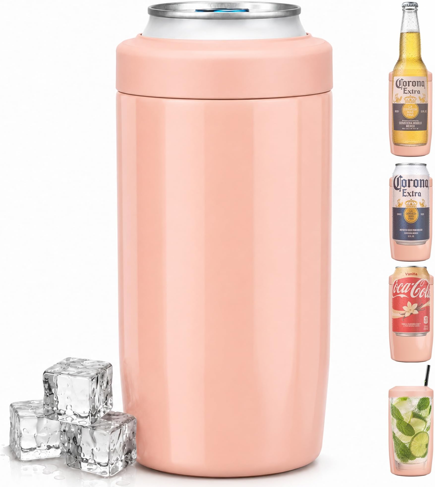 4-in-1 Slim Can Cooler Easy to Hold Insulated Beer Can Holder Double-walled Stainless Steel for All 12 Oz Cans Gift (Jelly Pink)