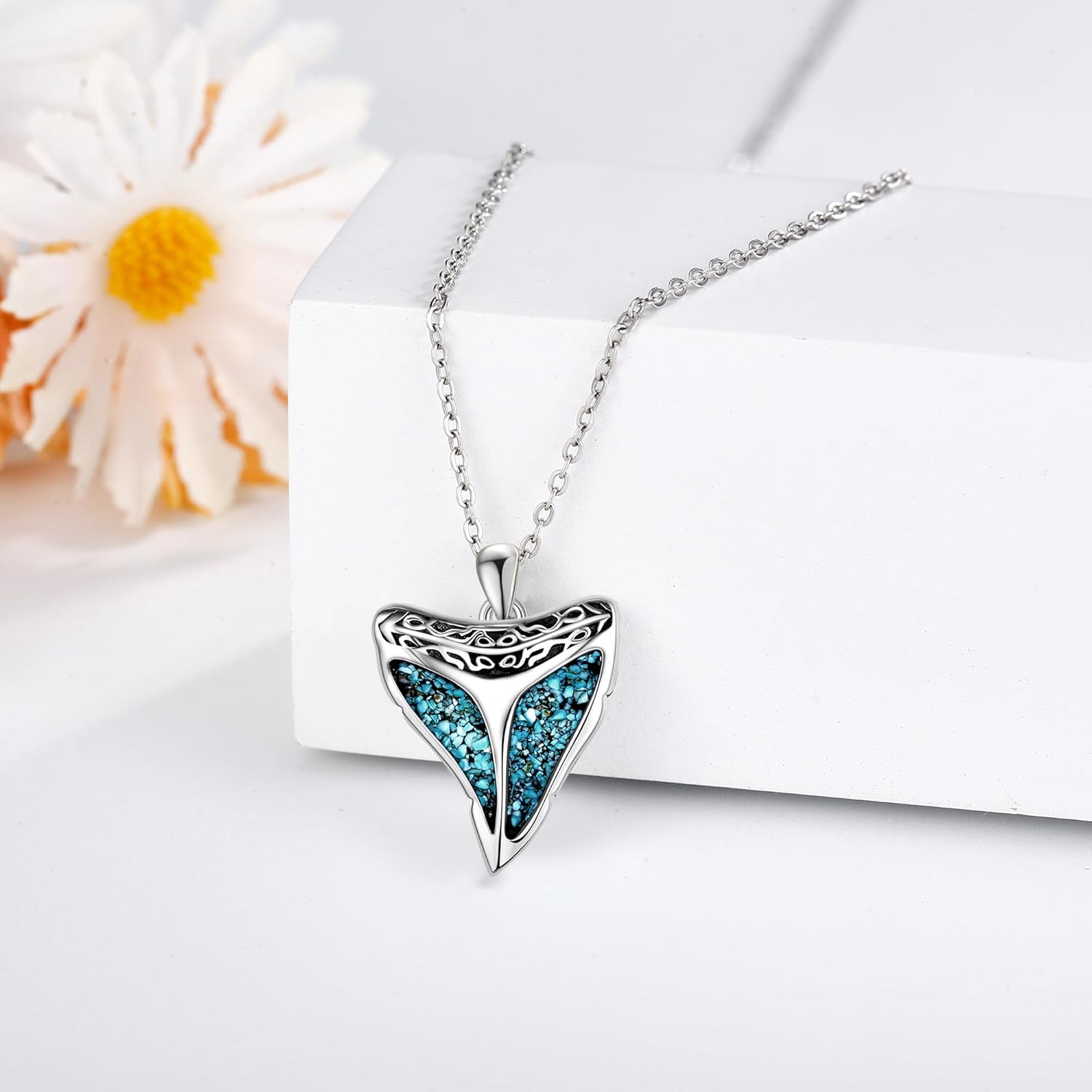 Shark Tooth Necklace Sterling Silver Shark Turquoise/Tiger Eye Pendant Necklace Cool Animal Jewelry for Women Men Shark Lover Surfer
