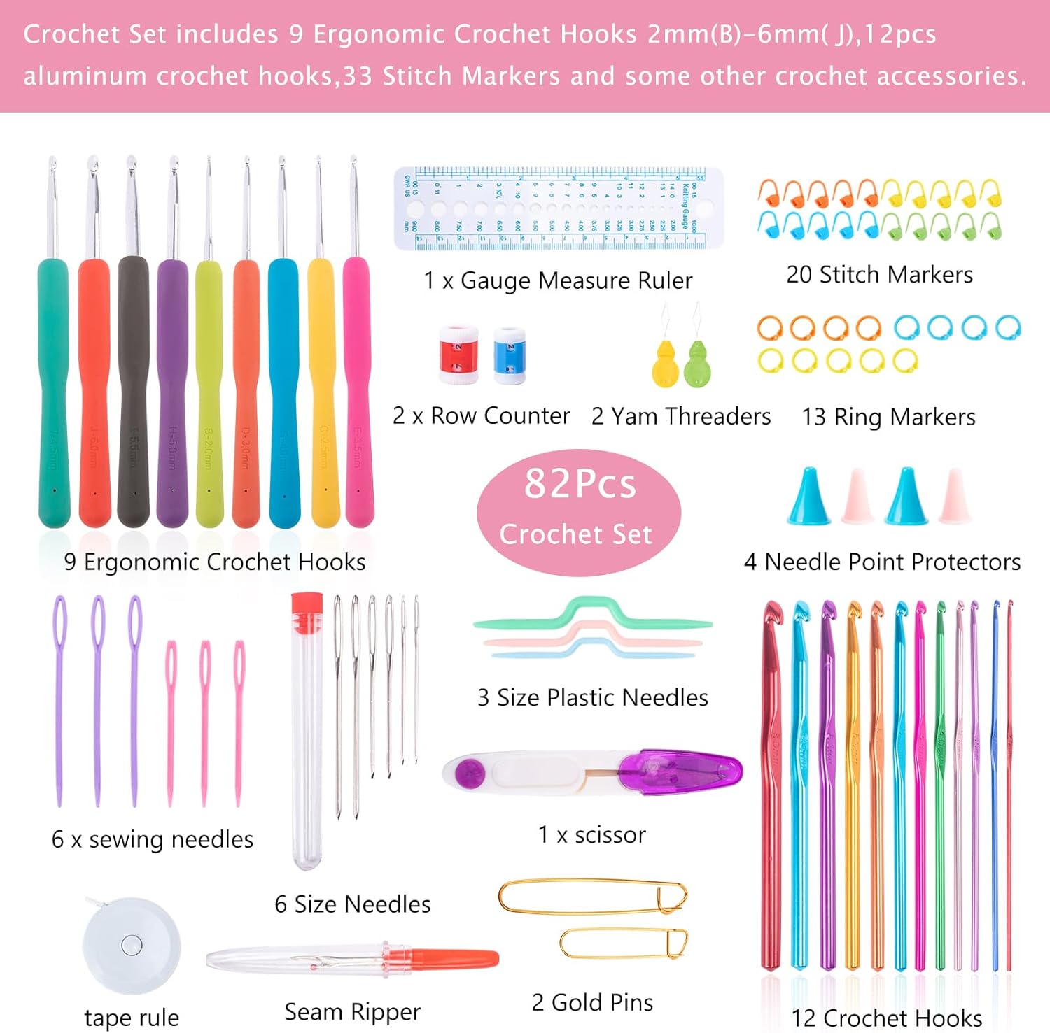82Pcs Crochet Hook Set with Storage Case - Stand Up Crochet Hook Case with 20 Size Crochet Hooks & needles, Crochet Accessories - Crochet Needles Set for Crochet Lovers, Crochet Kit for Beginners
