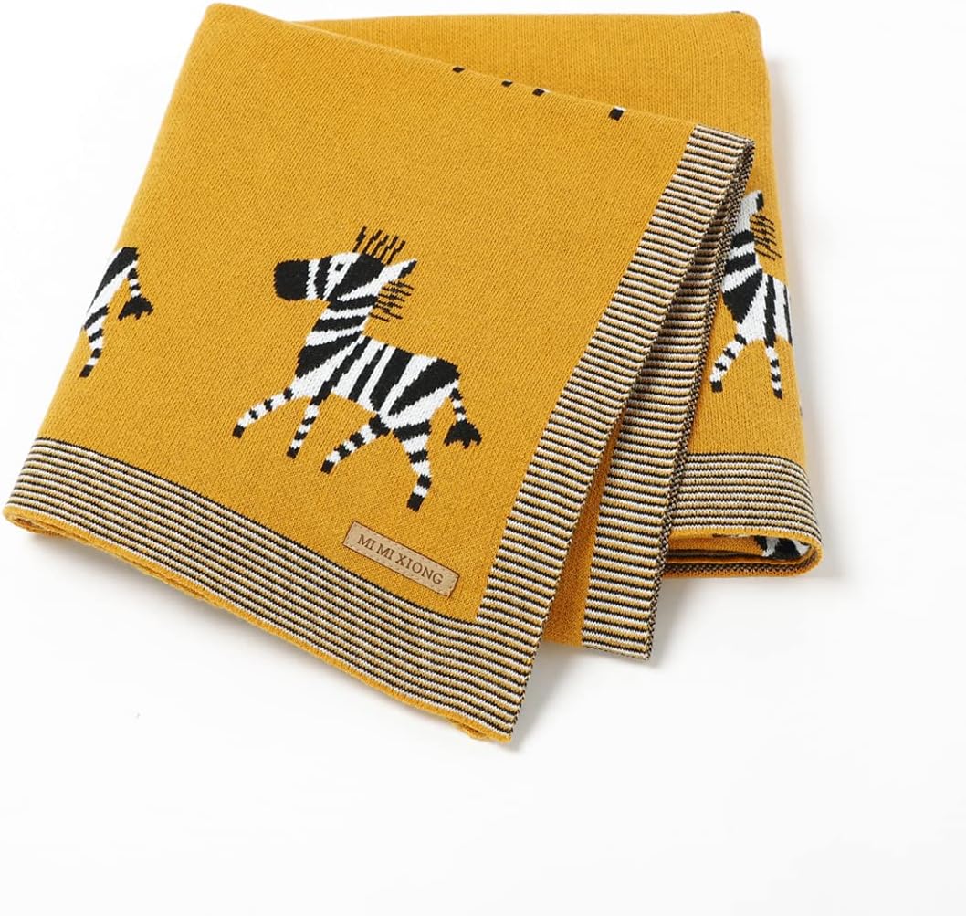 DovFanny Baby Blanket 100% Cotton Knitted Soft Blanket for NewBron with Lovely Zebra, 100 x 80cm (yellow)