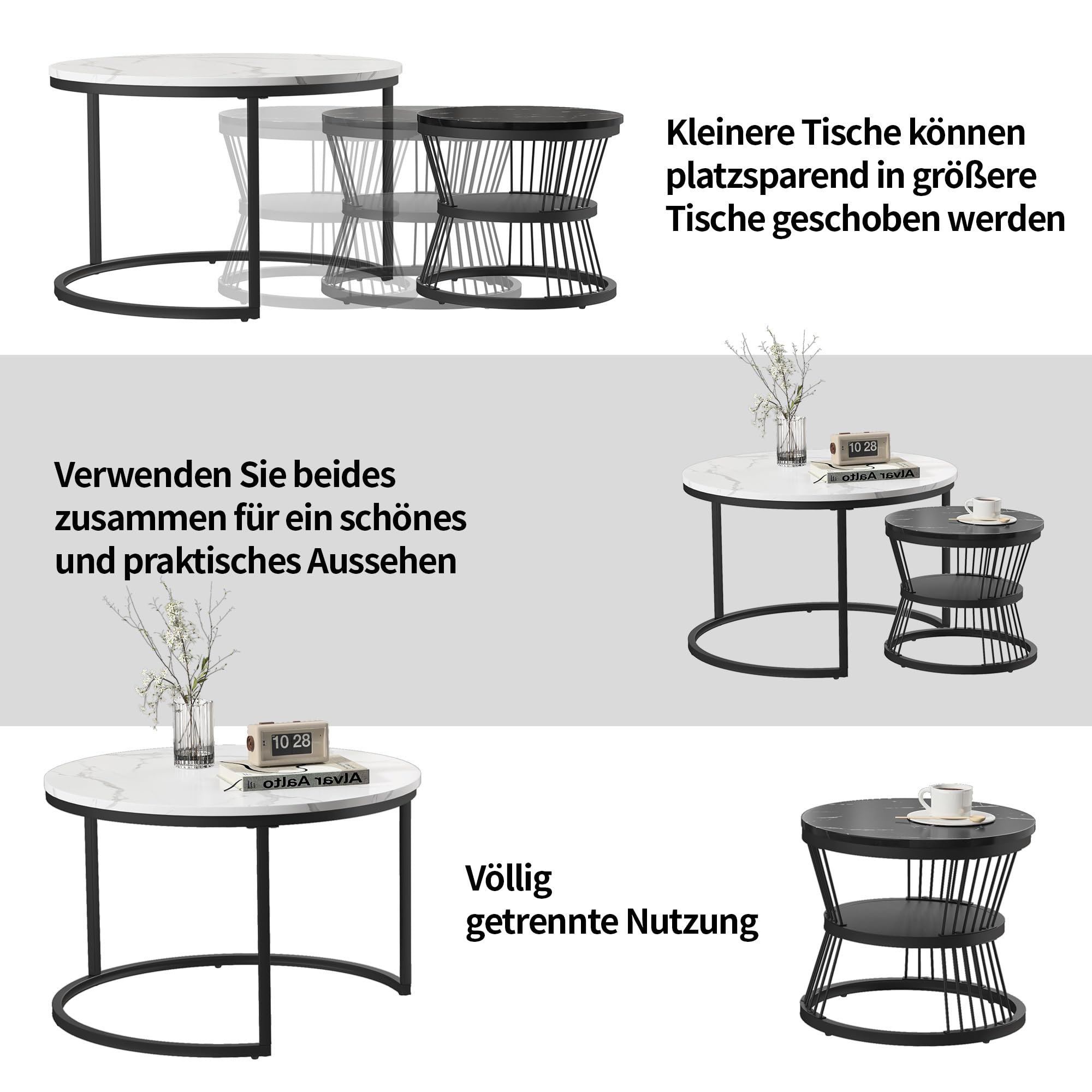 Set di 2 Tavolini da Caffè, Tavolino da Caffè in Marmo con Struttura in Metallo, Tavolino Rotondo,Tavolini Impilabili per Il Soggiorno, La Camera da Letto, Il Balcone (Bianco + nero, 70+45 cm)