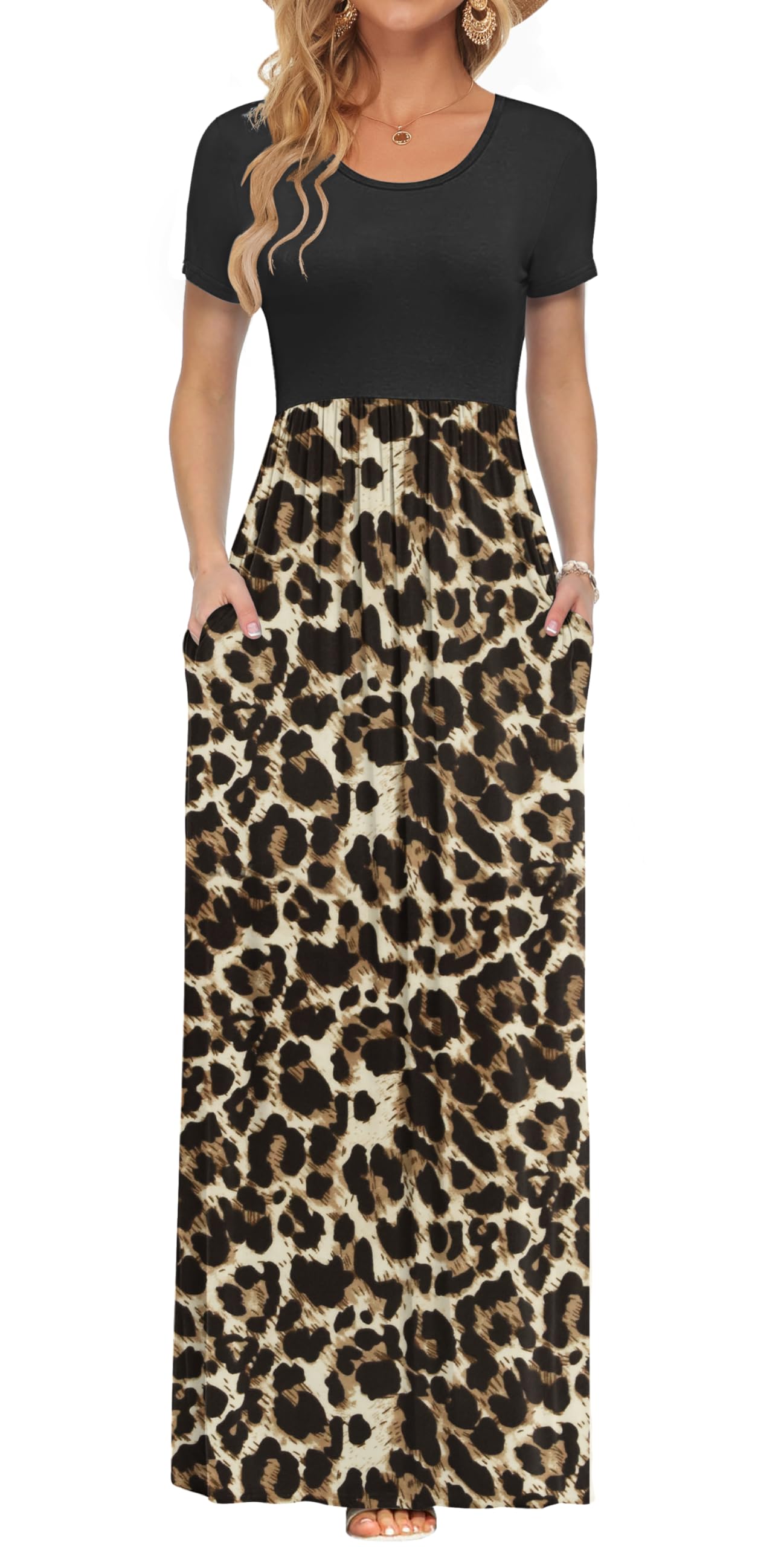 AUSELILY Damen Kurzarm Sommer Casual Long Maxi Kleider mit Taschen