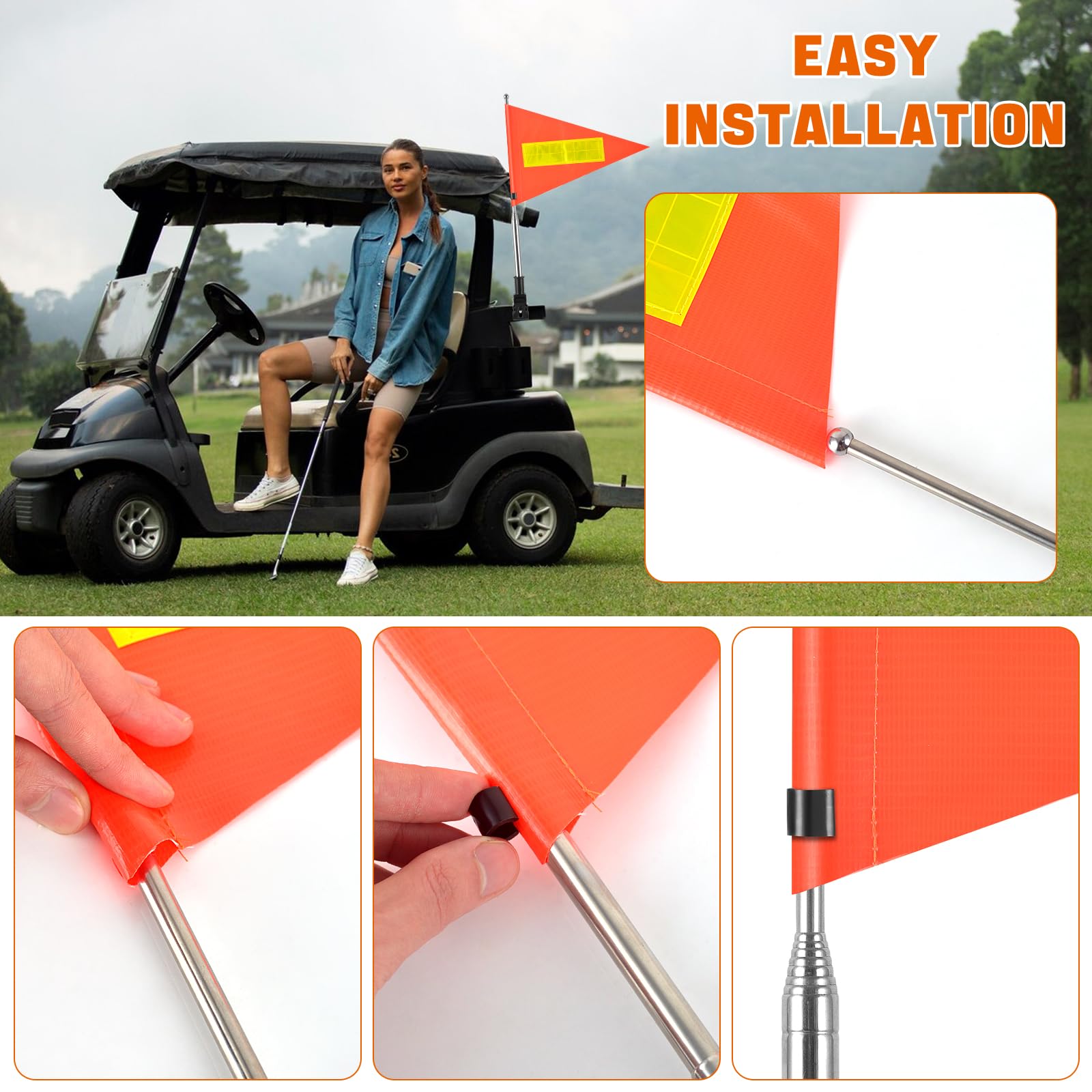 Carrito de golf poste de bandera reflectante accesorios para carrito de golf 22X30cm bandera de seguridad naranja poste telescópico carrito de golf soporte de bandera sillas de ruedas bandera de