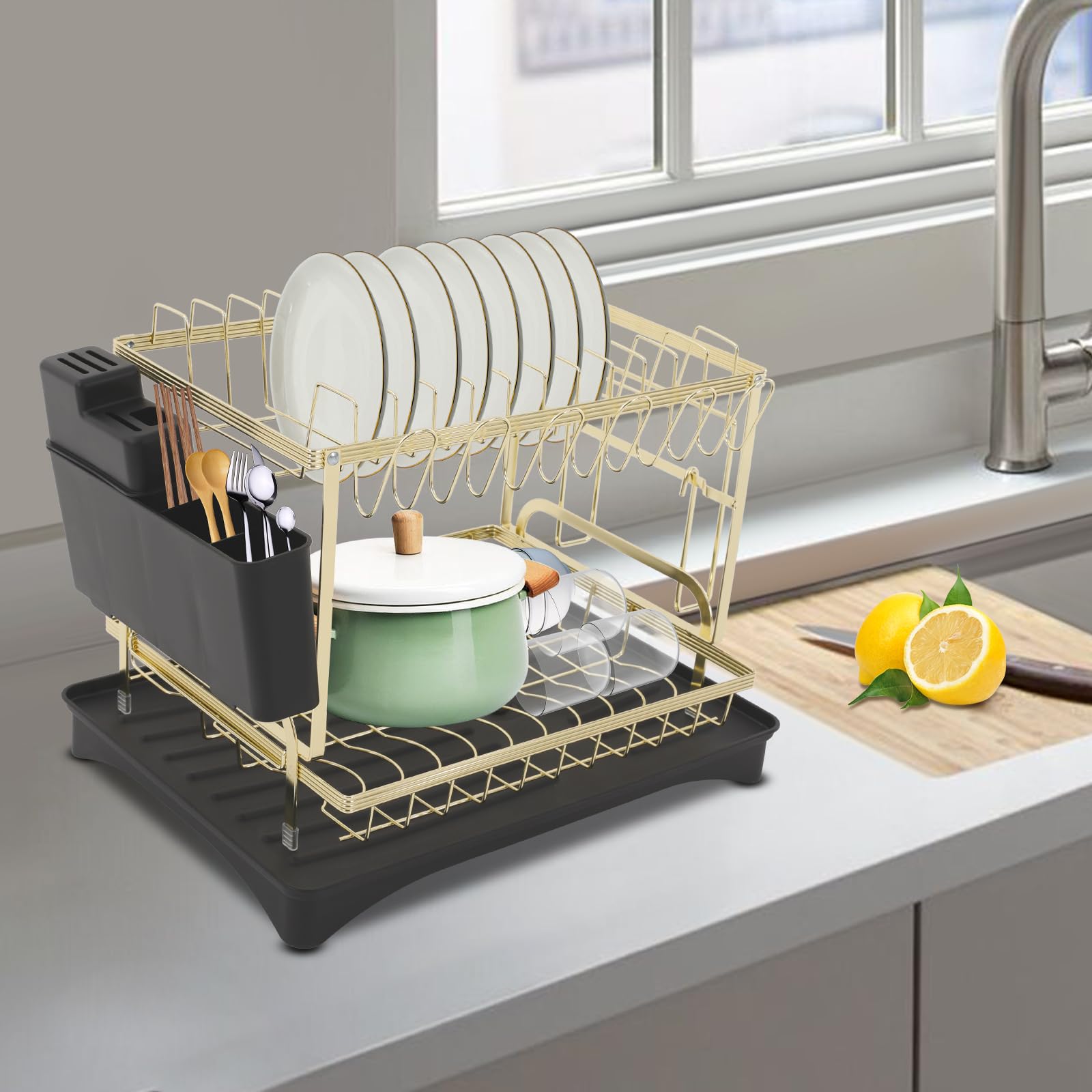 Bandeja de goteo de 2 niveles, escurreplatos de metal con soporte de plástico para utensilios de cocina, escurridor para platos, tabla de cortar negro+dorado, 42 x 30 x 29 cm
