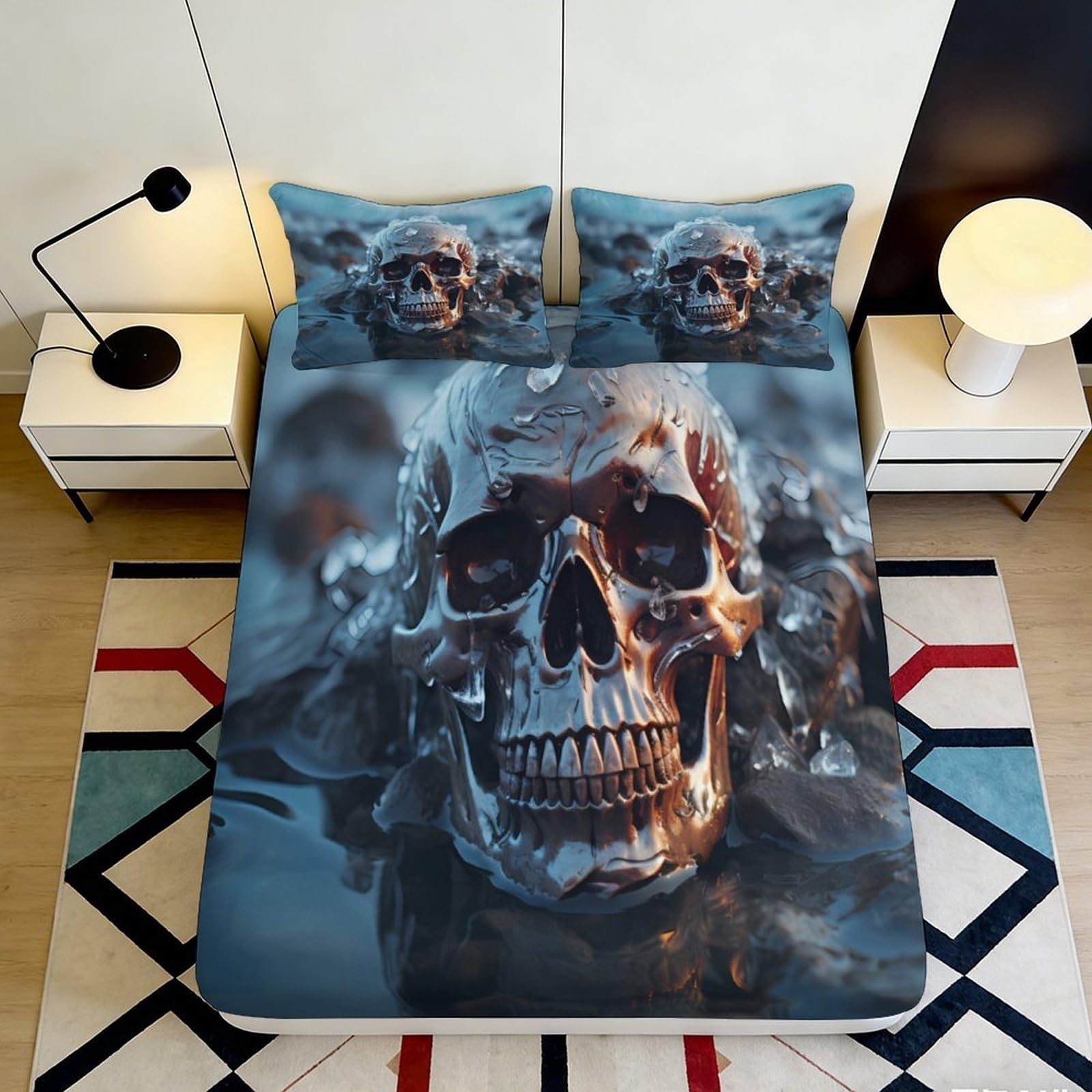 3D Printed Flaming Skull Fitted Sheet Microfiber Smoke Art Bed Sheet for Bedroom Guest Room Decor Machine Washable 90x200x25cm