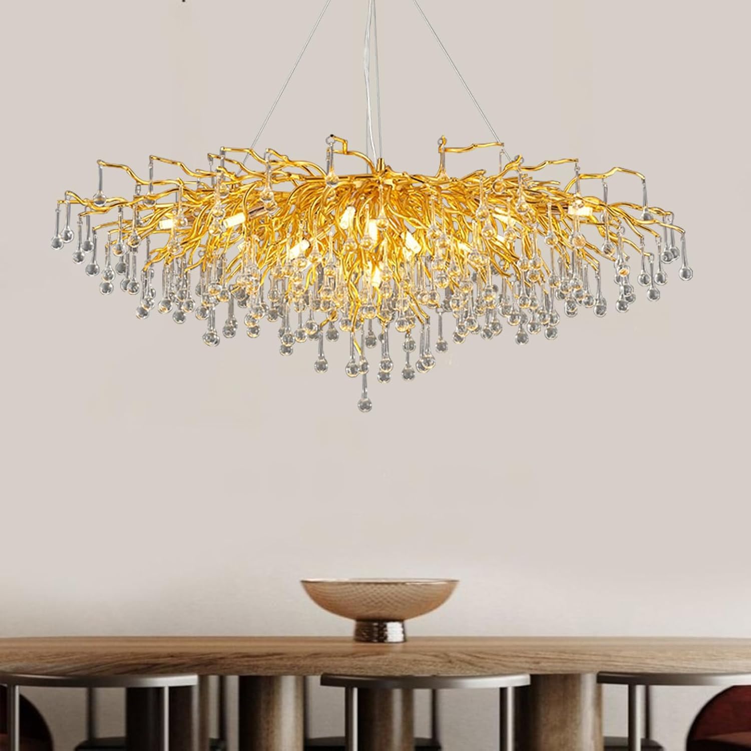 Lustre branche d'arbre pour îlot de cuisine rectangulaire avec gouttes d'eau en cristal