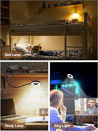 Miniatura 6 de Luz de clip, 3 colores + 10 luces de lectura de brillo para libros en la cama, lámpara de escritorio brillante de 550 lúmenes con abrazadera,