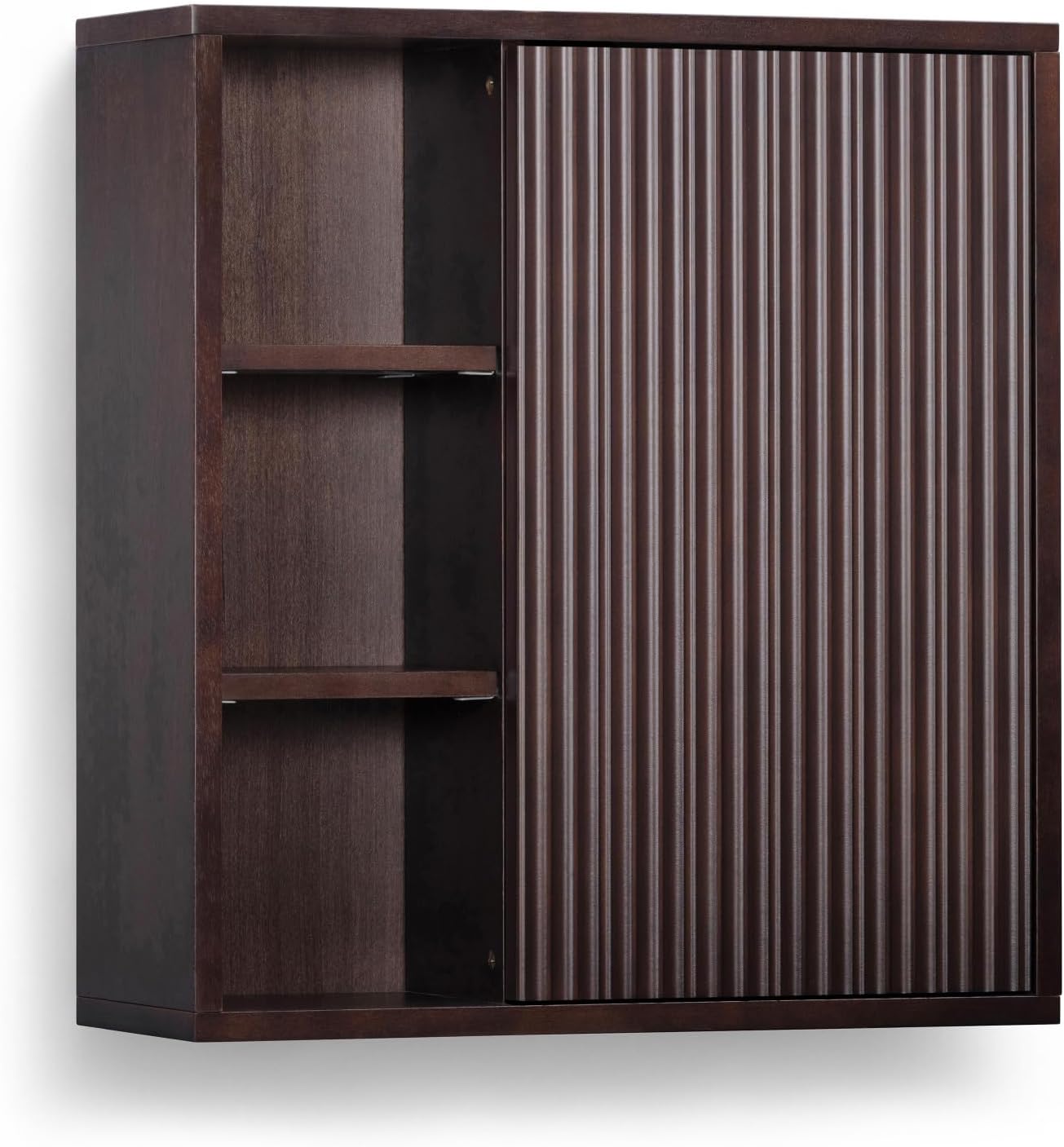Teamson Home 22″ Wide Bathroom Wall Cabinet with Open Compartments & 1 Door with Fixed Interior Shelf, Wall Mounted Medicine Cabinet with Wooden Bracket for Mounting, Natural Fluted Finish in Espresso