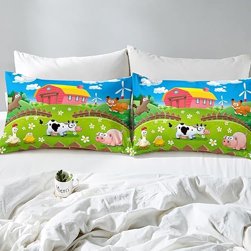 Miniatura 4 de Juego de ropa de cama de animales de dibujos animados, juego de edredón de granja feliz para niños y niñas, pollo, pato, leche, vaca, cerdo, edredón