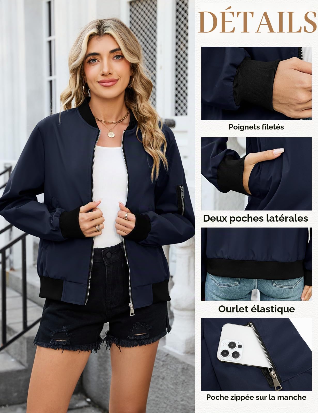 CMTOP Veste Bomber Femme Blouson Court Léger Manteau Décontracté mi Saison Pilote Manches Longues Zippé Sweatjacke Chic Printemps Automne avec Poches
