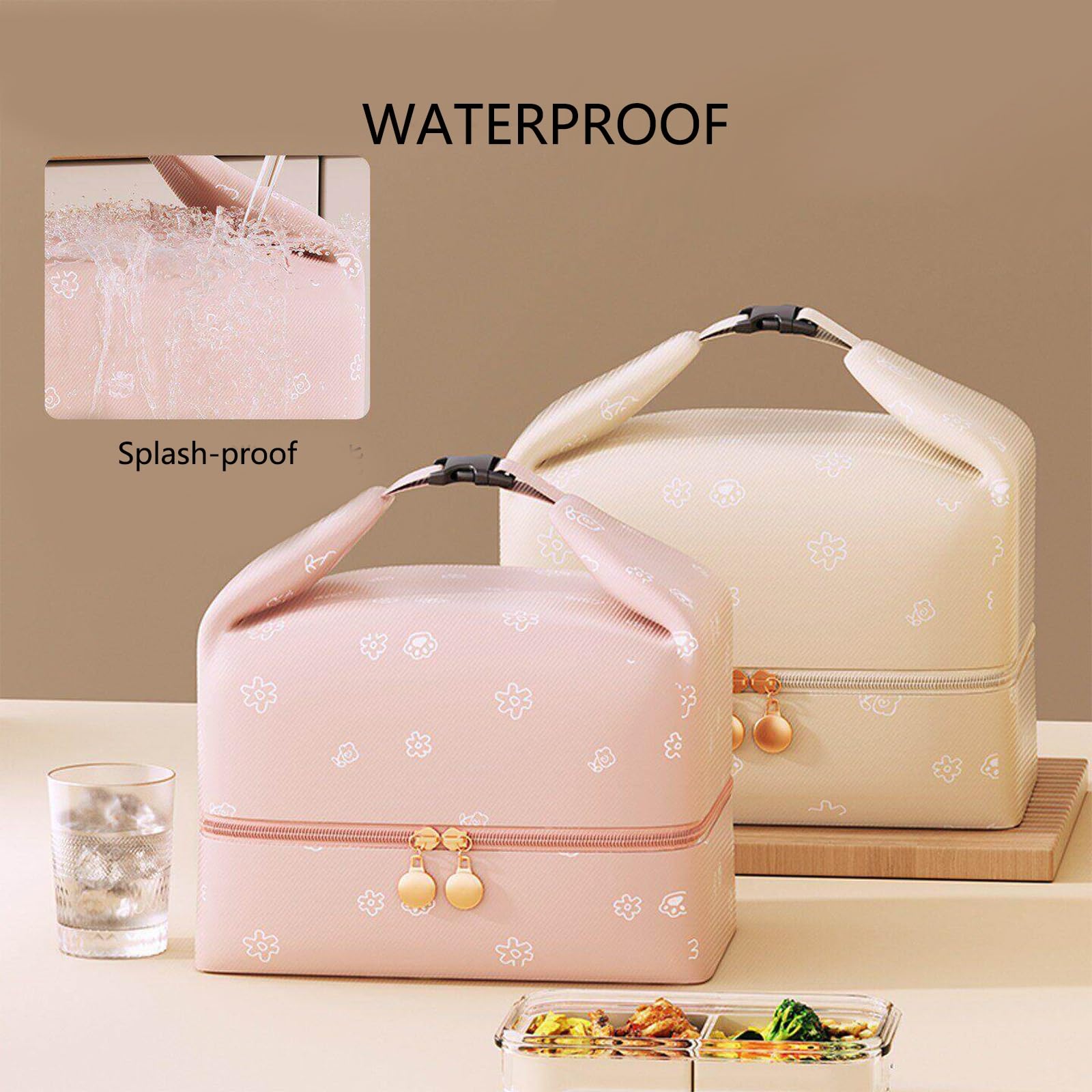Bolsa de Mano Impermeable de Gran Capacidad, Bolsa de Almuerzo de Dos Compartimentos, Fácil de Limpiar, Diseño de Doble Cremallera, Perfecta for El Trabajo(Pink)