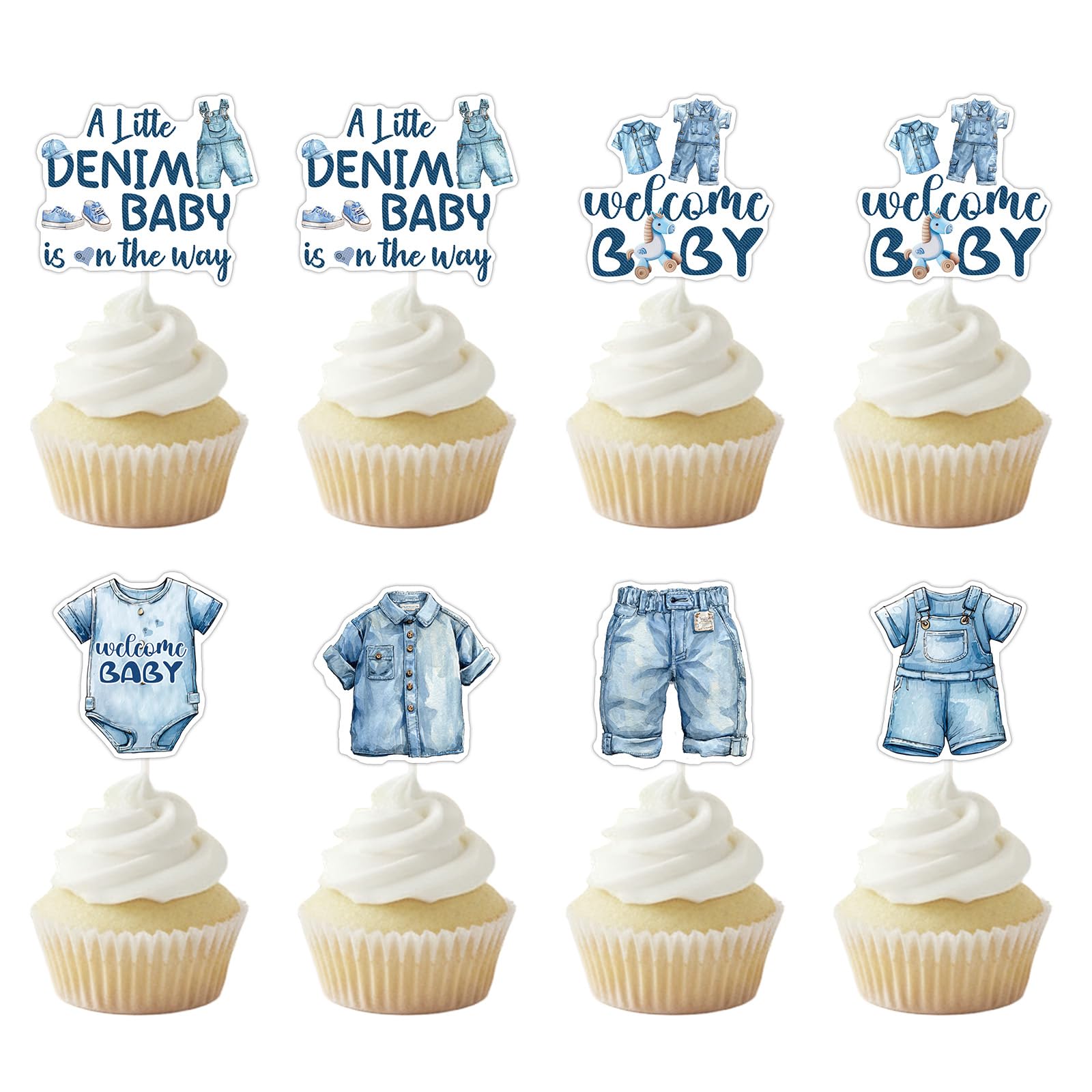 Blue Jean Baby Shower Decorations - 36 Pcs a Little Denim Baby Is On The Way Cupcake Toppers Party Decor Blue Jean Clothes Cake Decorations Supplies