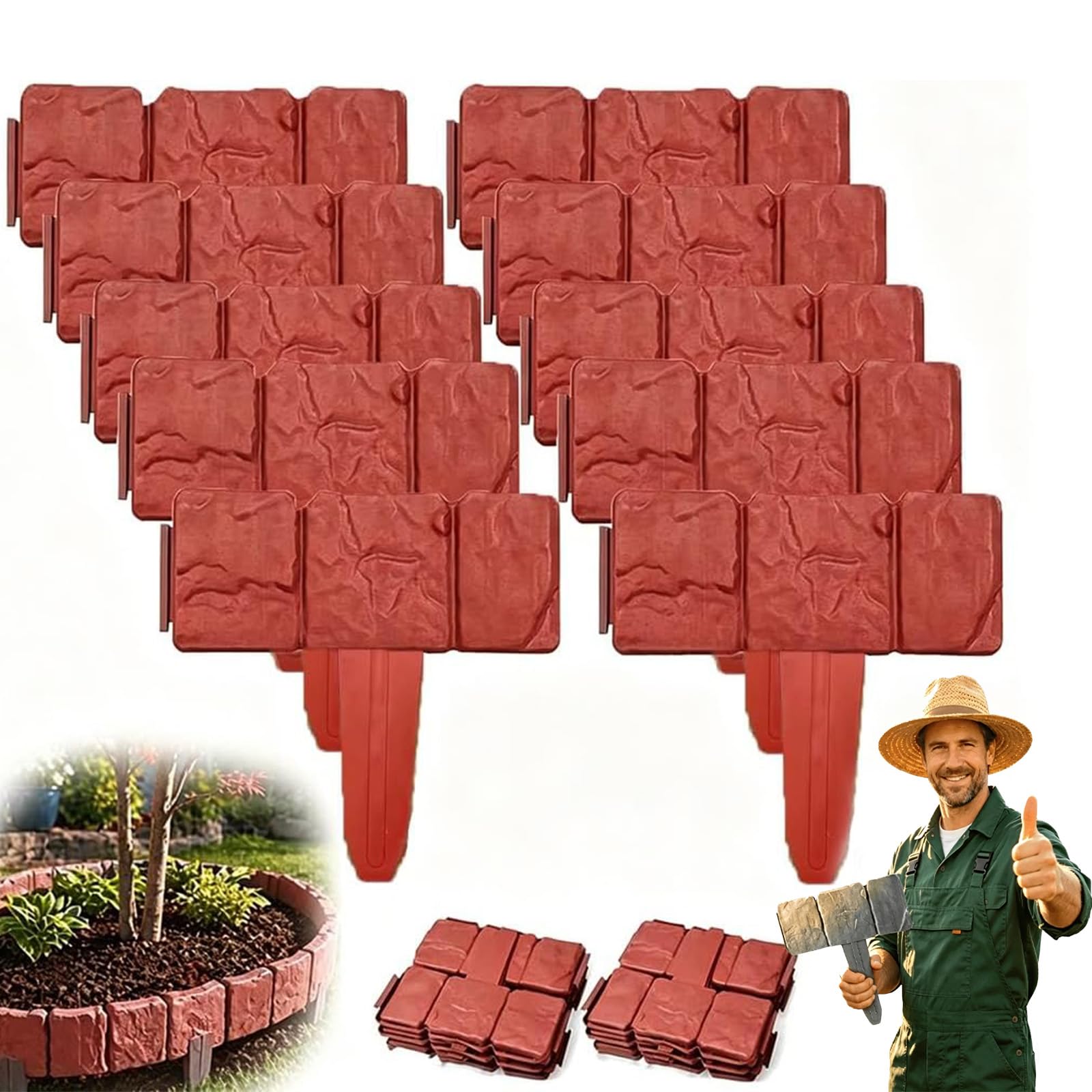 10/20 Piece Stone-Look Decorative Garden Edging Set, Imitation Stone Garden Fence, Plastic Lawn Edging Fence, Flexible Interlocking Landscape Edging, No Dig Decorative Lawn Border (Red,20pcs)