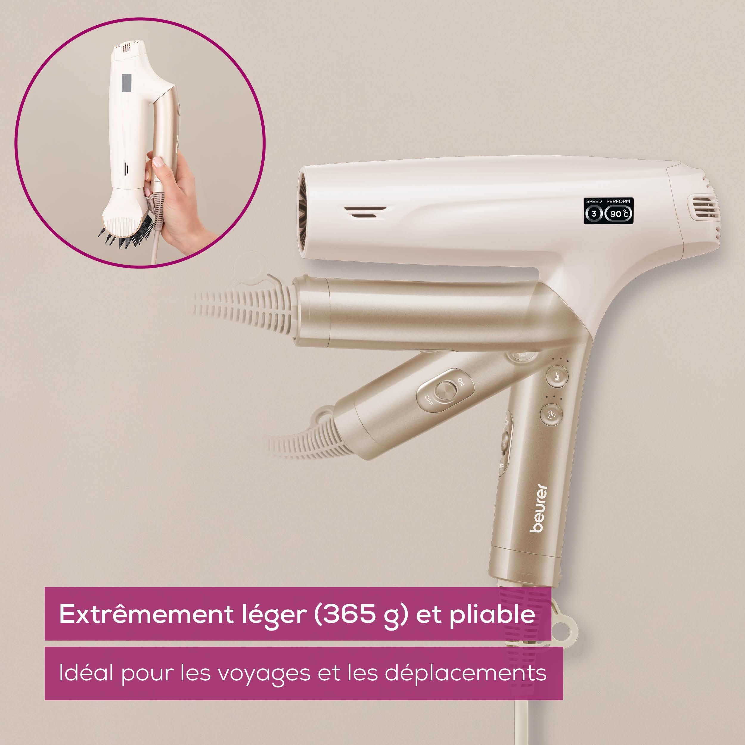Beurer HC 150 FusionDry Pro Sèche-cheveux, sèche-cheveux ultra-léger avec moteur numérique puissant, poignée pliante ergonomique idéale pour les voyages, incl. 4 accessoires de coiffage