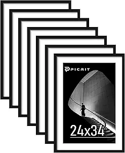 Picrit 24x34 Black Poster Frame 7 Pack, Display Pictures 20 x 30 Picture with Mat or 24 x 34 without Mat for Horizontal or Vertical Wall Mounting, Wall Gallery Photo Frames
