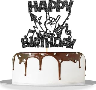 MonMon & Craft Rock Music Happy Birthday Cake Topper/Rock'n'Roll Theme/Musical Entertainment Birthday Party Decorations - Black Glitter (Rock)
