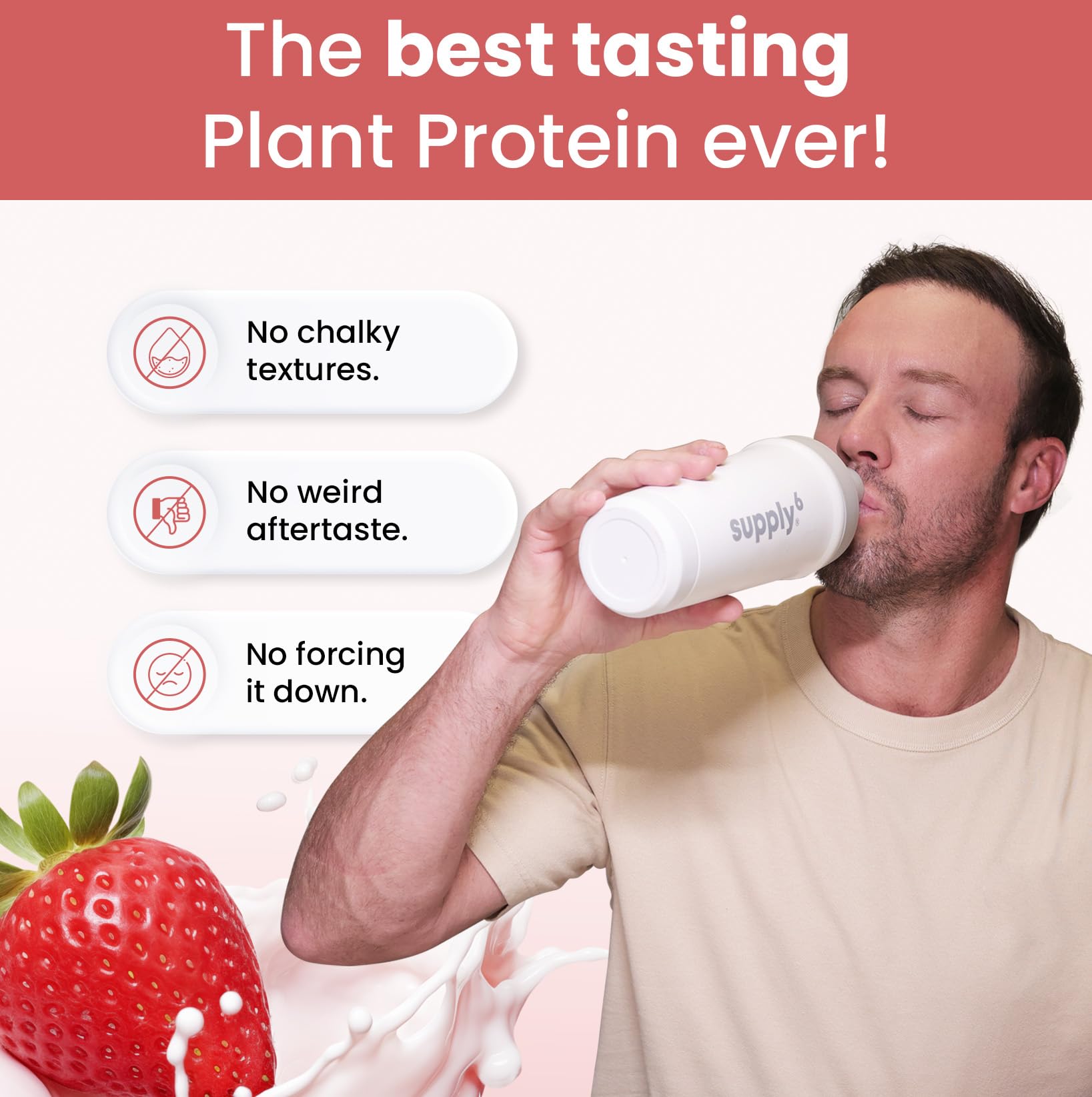 Supply6 Plant Protein | 24g Vegan Protein with Probiotics & Fibre | Complete Amino Acids | Gut-Friendly, Zero Sugar, No Chalkiness | Delicious Taste (500g, Strawberry)