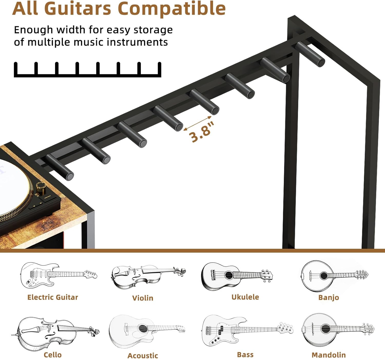 Record Player Stand with Guitar Stand, Record Player Table with Guitar Rack, Guitar Holder 7 Space for Multiple Guitars, Bass, Acoustic, Guitar Display for Home Music Studio, Brown