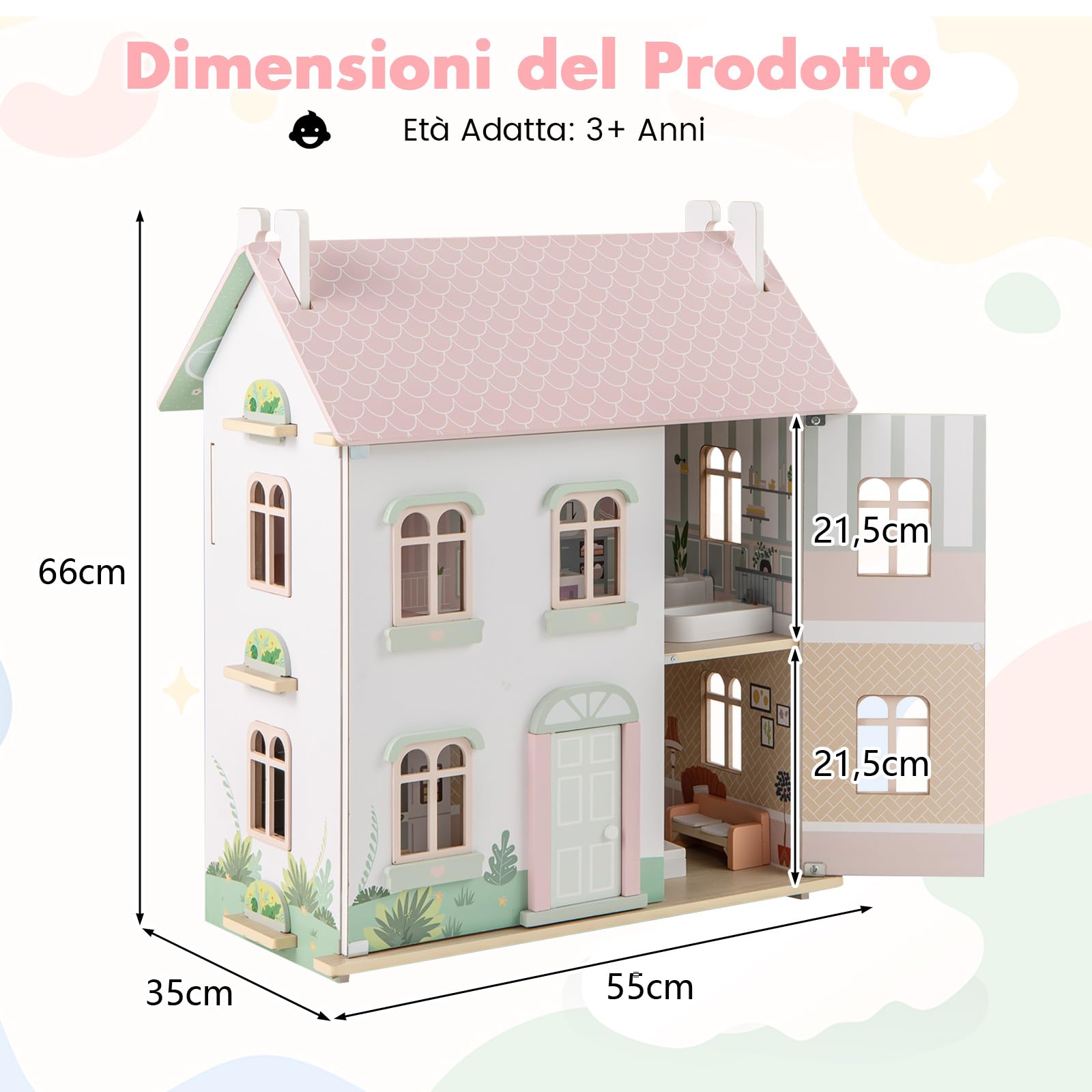 COSTWAY Casa delle Bambole in Legno, Casetta delle Bambole a 3 Piani con Tetti Rimovibili, Porte Apribili, Finestre Squisite 5 Stanze e 19 Accessori, Regalo per Bambini 3+ Anni