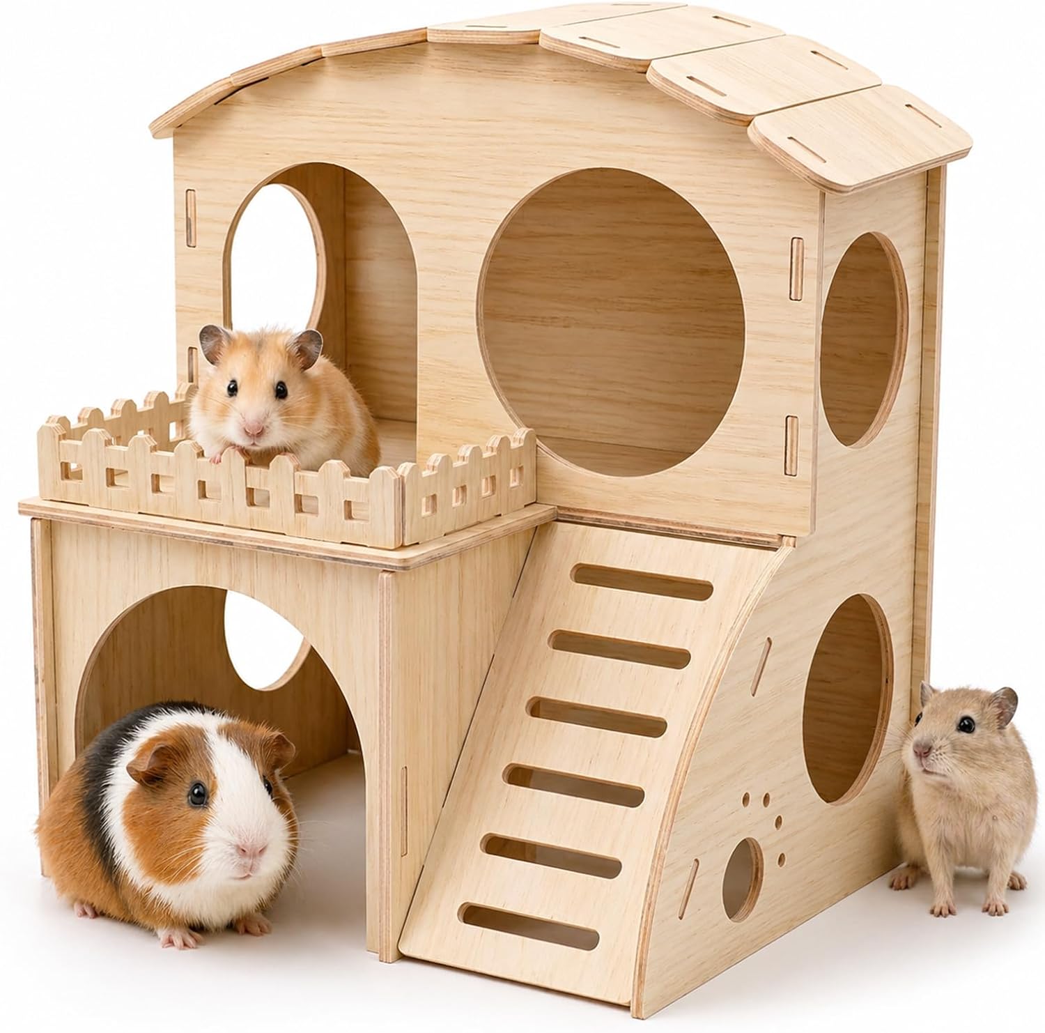 Large Guinea Pig Hideout Place, Double Layered Wooden Hamster House with ramp and Hamster Platform. Suitable for Hiding Places for Small Animals Such as Guinea Pigs, Hamsters, Rabbits, etc.