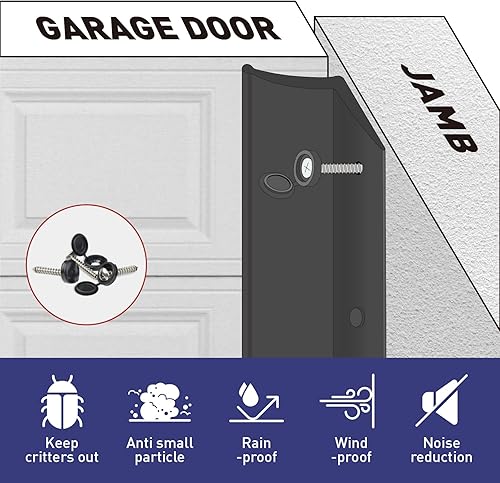 Miniatura 6 de Tira de sellado superior y lateral para puerta de garaje, color negro, 34 pies, con parte trasera adhesiva, de goma, resistente a la intemperie,