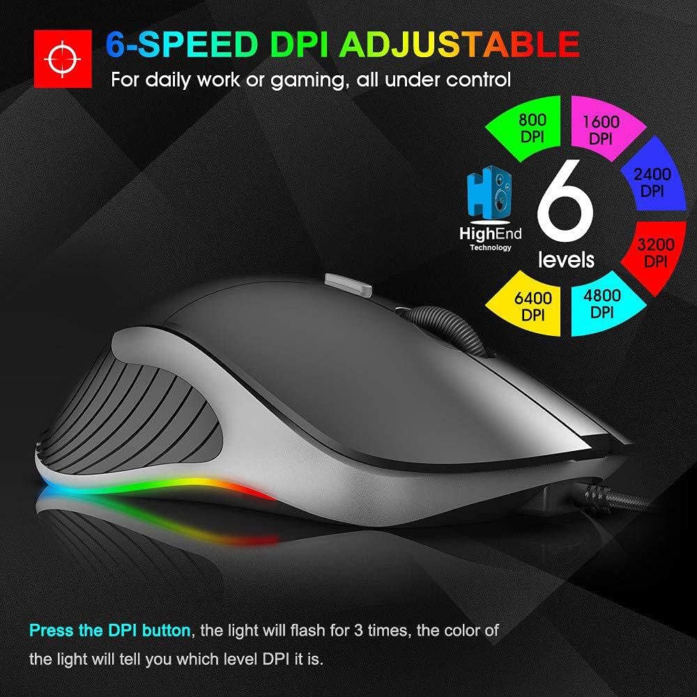 Diagram illustrating the 6-speed DPI adjustment levels of the IMICE X6 mouse, ranging from 800 to 6400 DPI.