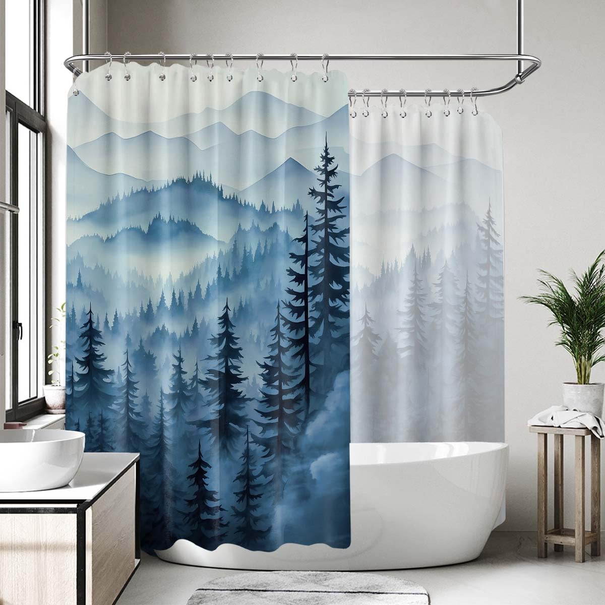 Navy Blue Forest Shower Curtain Dark Blue Mountain Nature Shower Curtains for Mens Bathroom Decor, Waterproof Fabric with Hooks, 108x72in