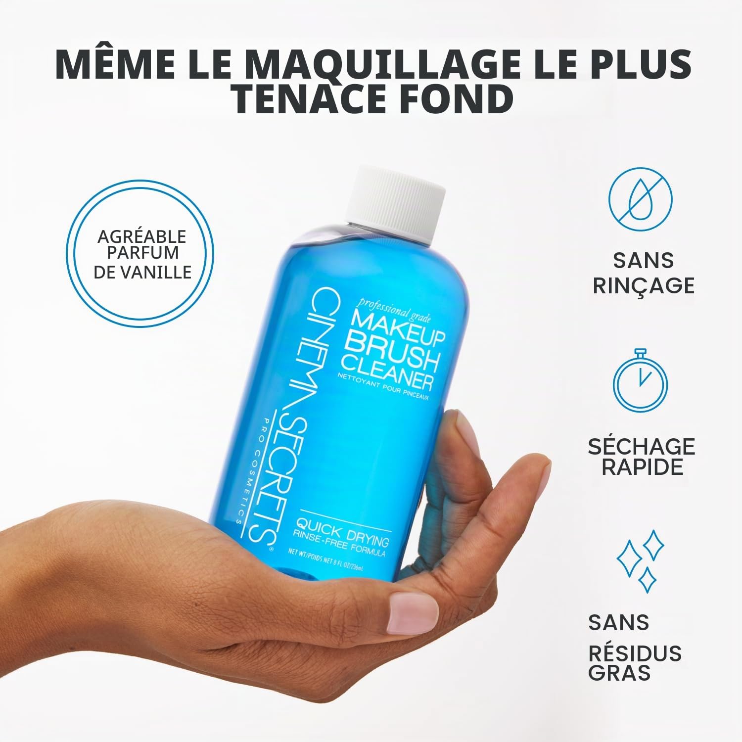 Cinema Secrets Original Blue Vanilla Solution nettoyante pour pinceaux de maquillage – Nettoyant professionnel pour pinceaux de maquillage – Séchage rapide, formule sans rinçage – Élimine le