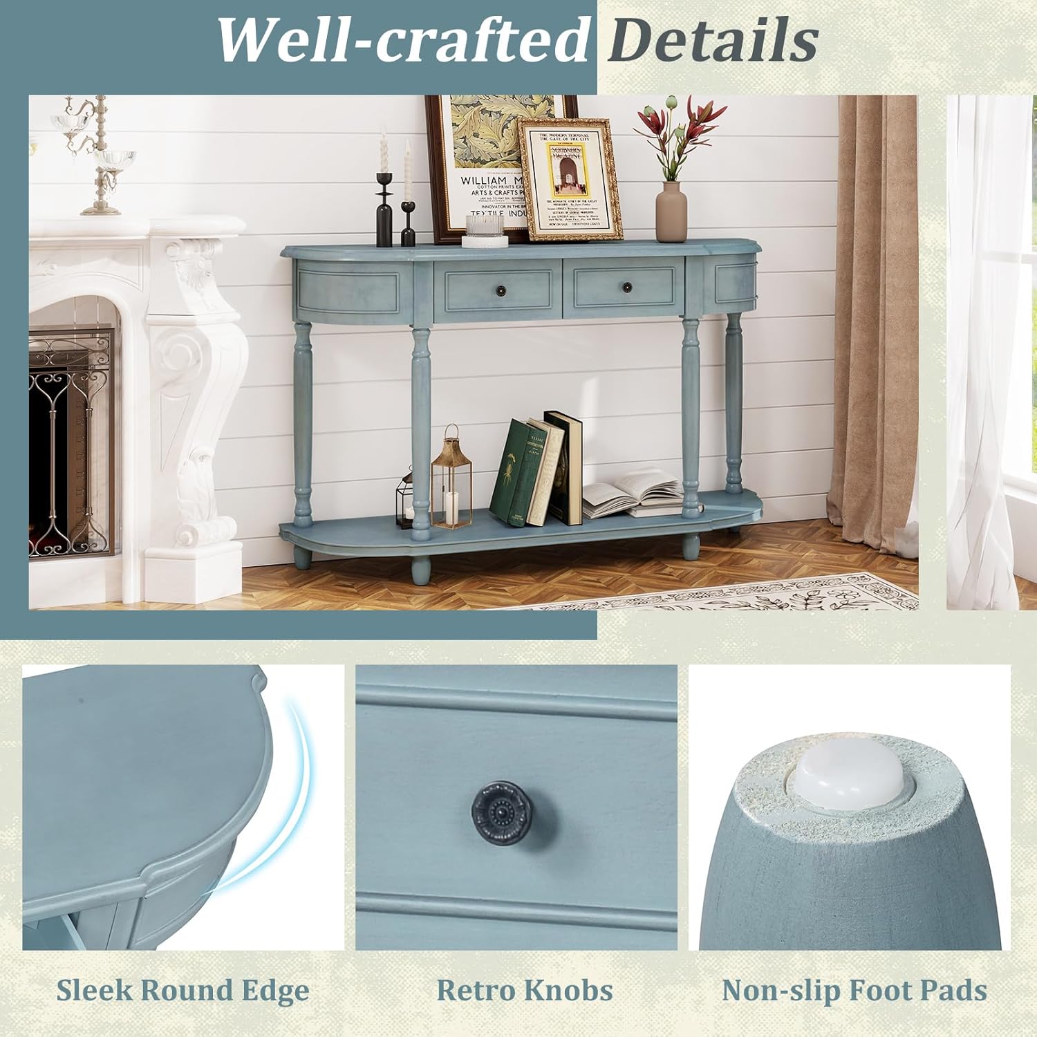 52" Blue Wood Console Table with Storage Drawers and Shelf