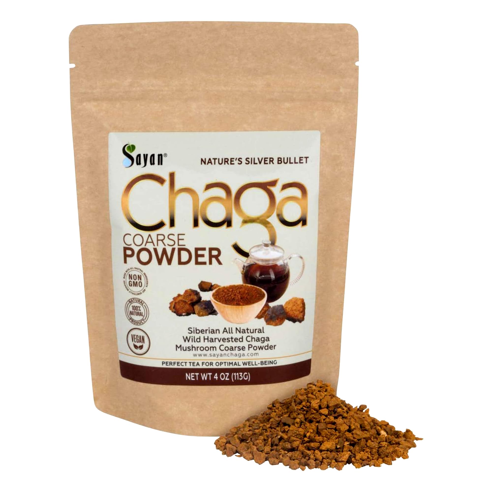 Sayan Siberian Pure Raw Coarse Chaga Powder 4 Oz / 113g – Premium Wild Forest Harvested Super Antioxidant Tea – Supports Immune System and Digestive Health – Focus, Energy, Clarity, Wellness - Non-GMO