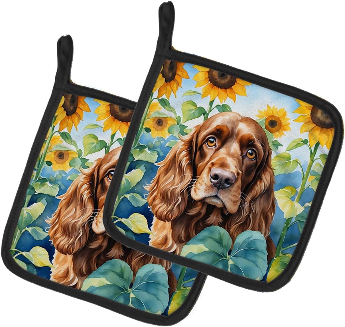 Caroline's Treasures English Cocker Spaniel in Sunflowers Pair of Pot Holders Kitchen Heat Resistant Pot Holders Sets Oven Hot Pads for Cooking Baking BBQ, 7 1/2 x 7 1/2