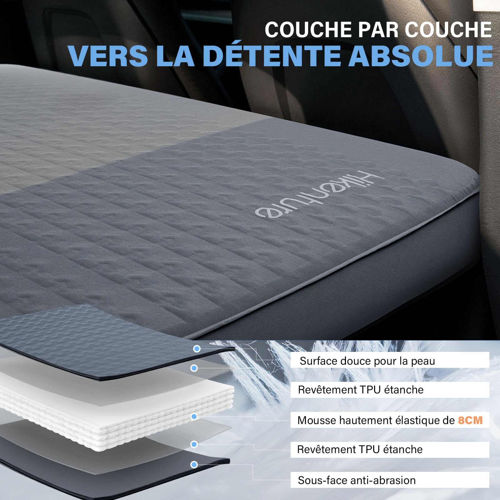 HIKENTURE Matelas Voiture pour Tesla Model Y/Juniper/3, Autogonflant et Ultra-léger - Matelas Gonflable Voiture Arrière en 8 cm Mousse à Mémoire de Forme - 40% Plus Compact - pour Camping, Voyage