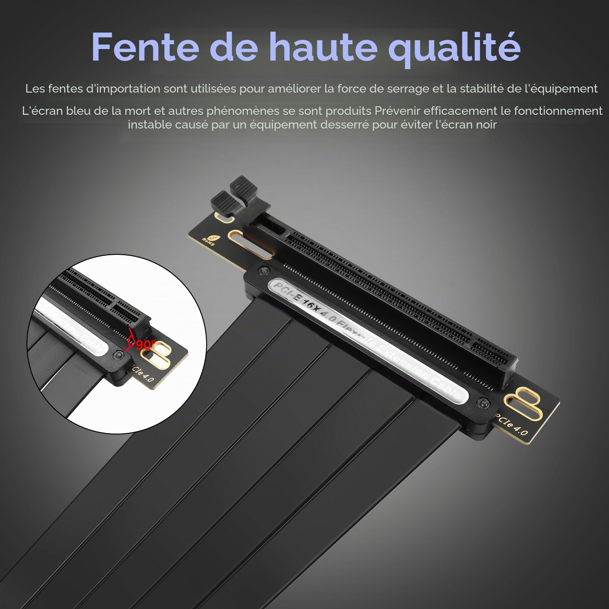 GINTOOYUN Câble d'extension pour Carte Graphique PCIE 4.0 X16 Noir PCIE 4.0 X16 mâle vers Femelle à 90 degrés Câble d'extension GPU pour châssis de Carte Graphique,etc(9.8Inch) (90 degrés)